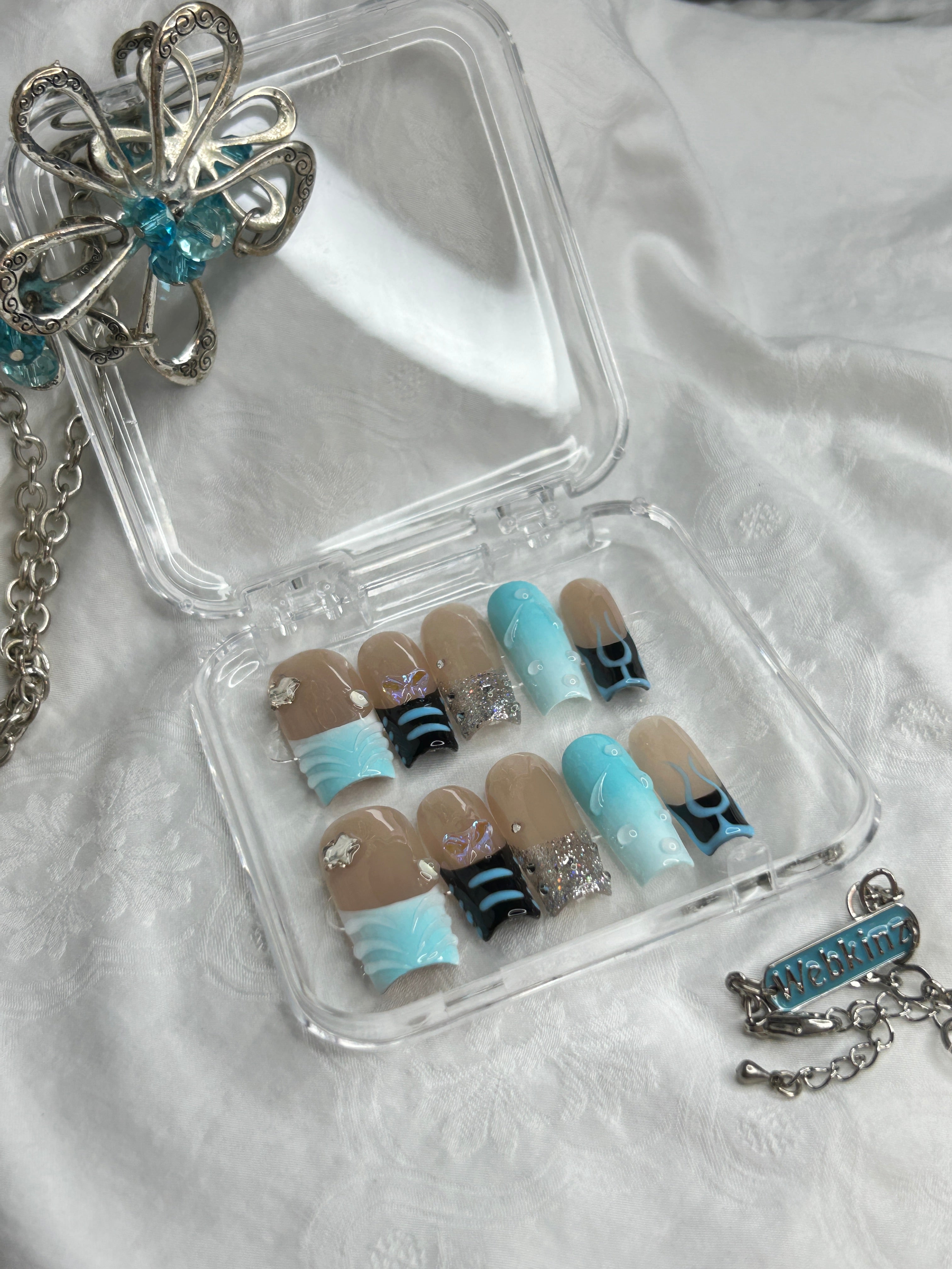 Icy Blue French Press-On Nails | Nude Base with Blue Accent | Handmade Reusable Nail Set