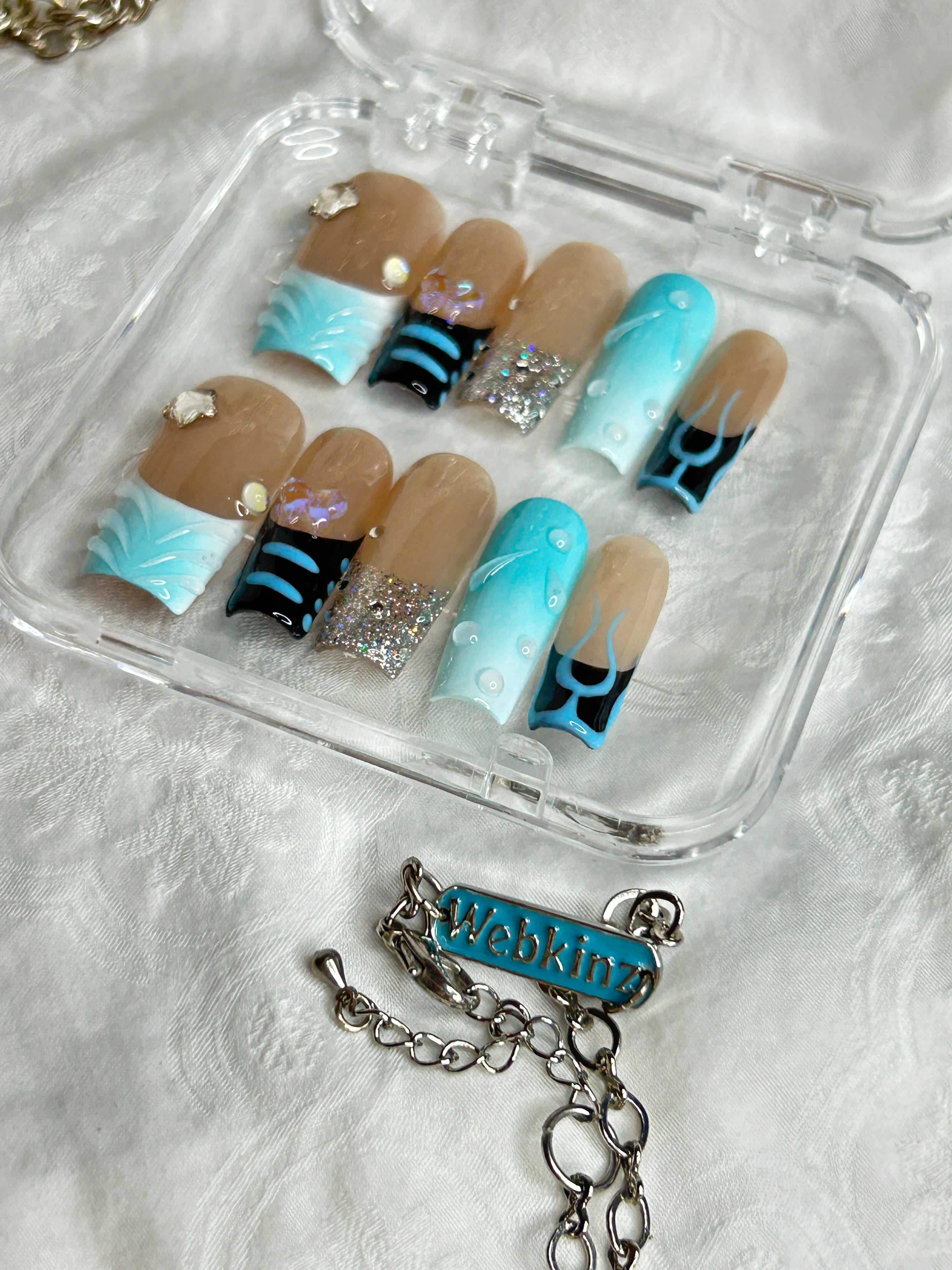 Icy Blue French Press-On Nails | Nude Base with Blue Accent | Handmade Reusable Nail Set