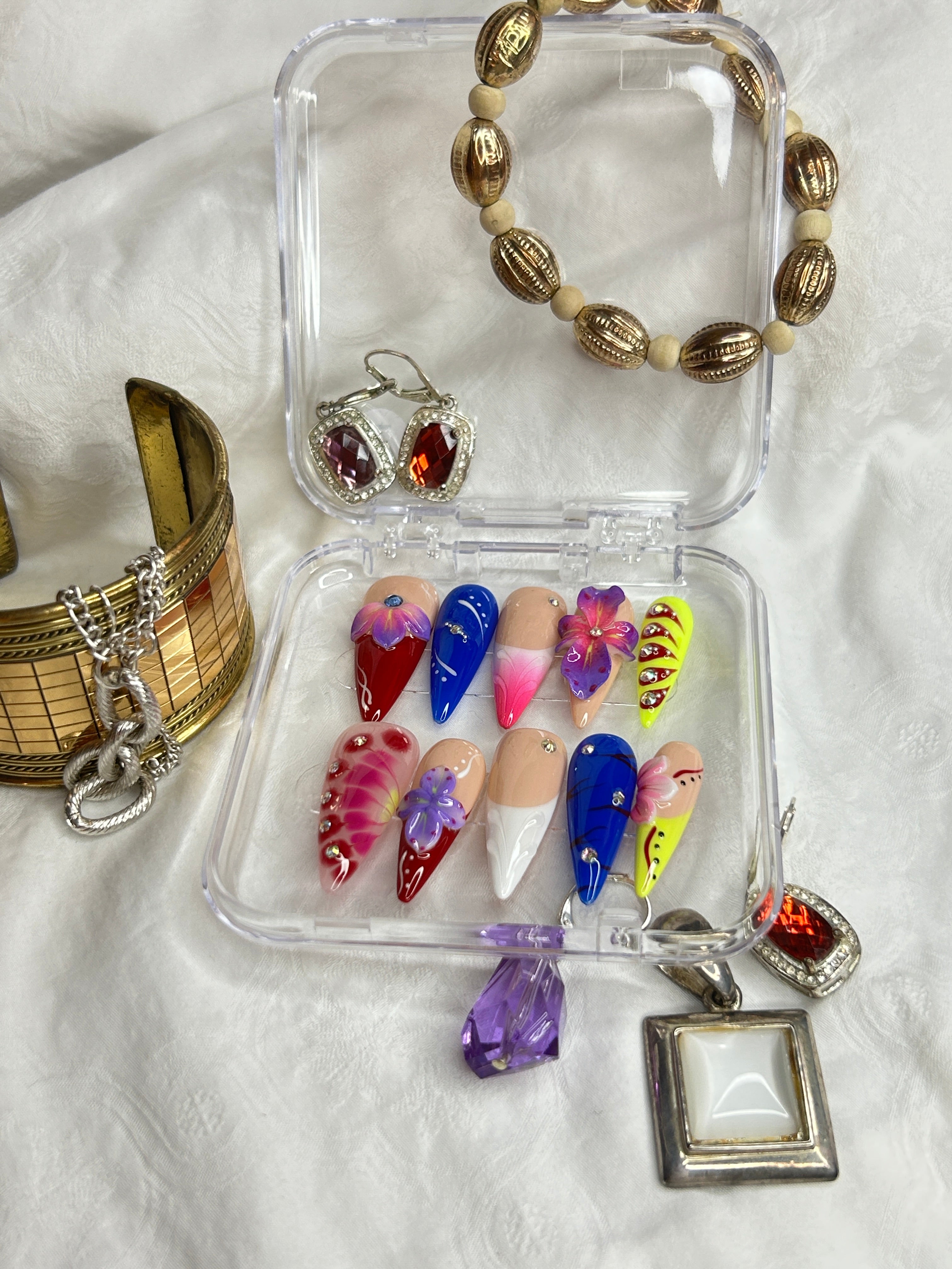 Colorful Floral Press-On Nails | 3D Flower Art Design | Handmade Statement Nail Set