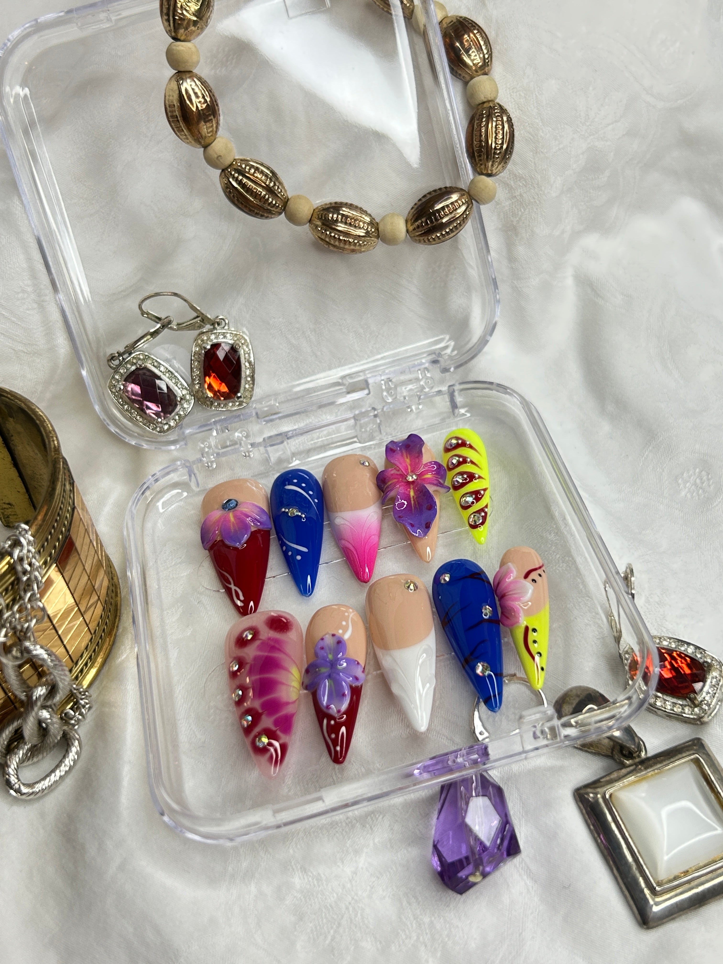 Colorful Floral Press-On Nails | 3D Flower Art Design | Handmade Statement Nail Set