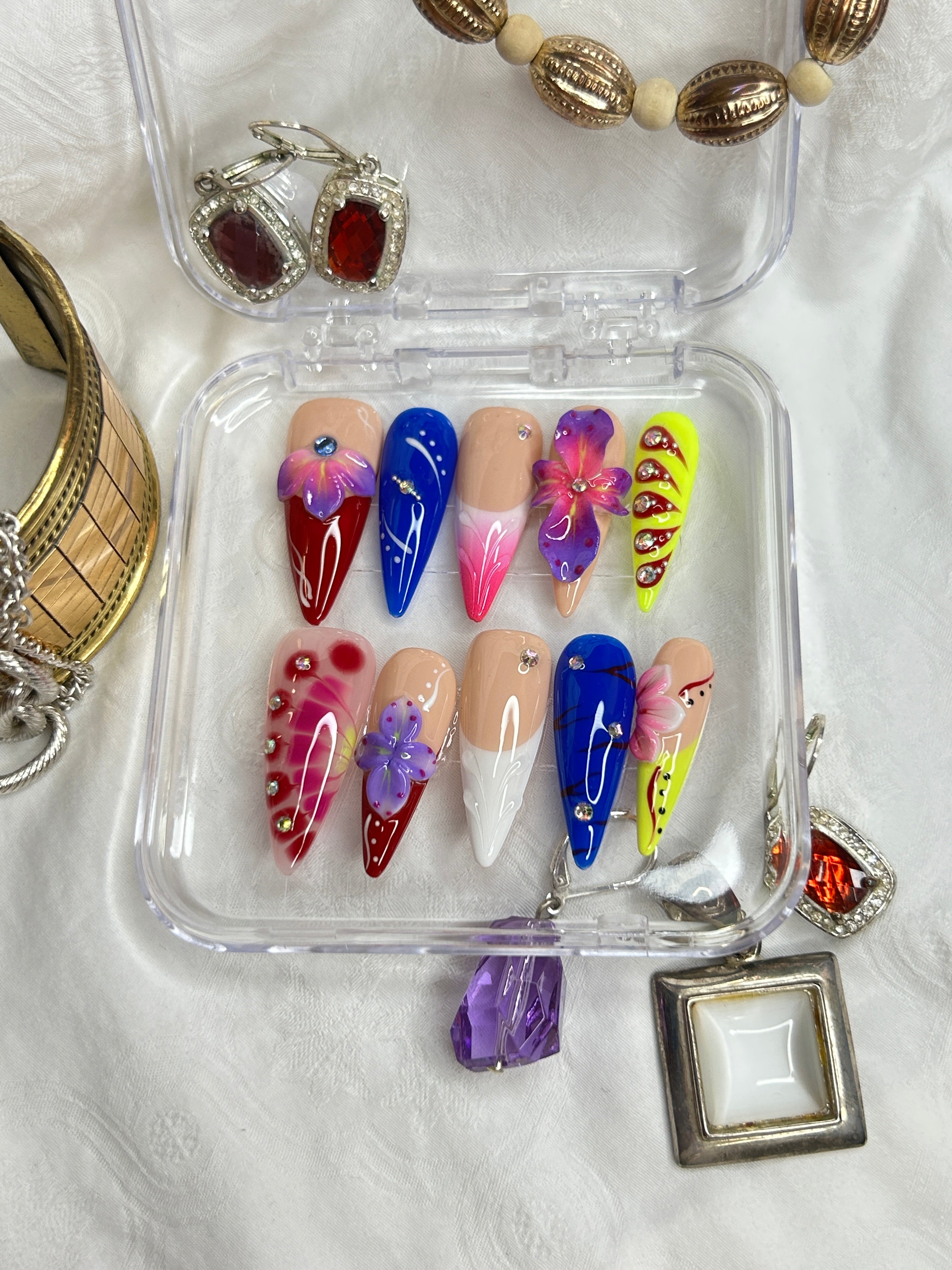 Colorful Floral Press-On Nails | 3D Flower Art Design | Handmade Statement Nail Set