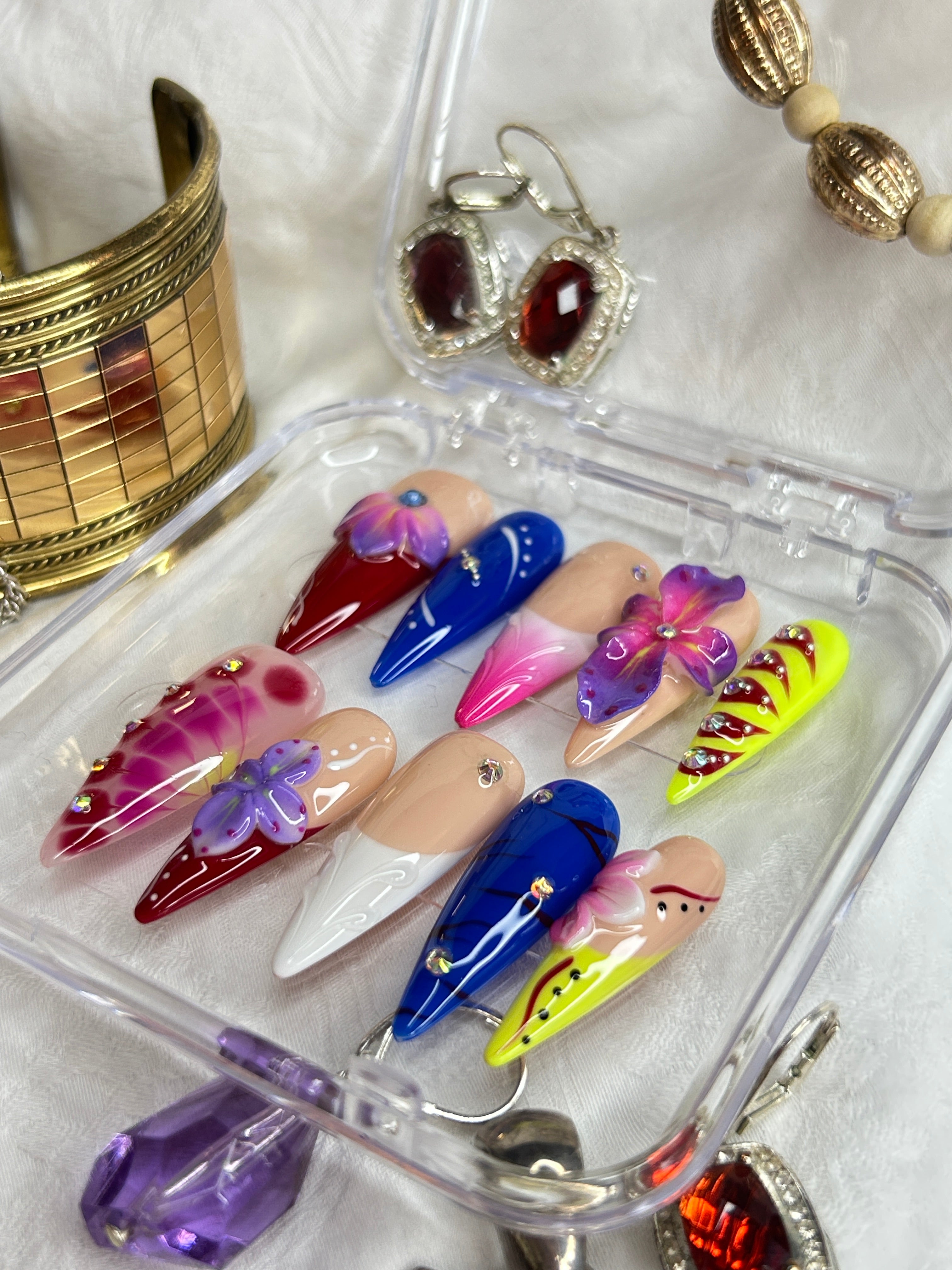 Colorful Floral Press-On Nails | 3D Flower Art Design | Handmade Statement Nail Set