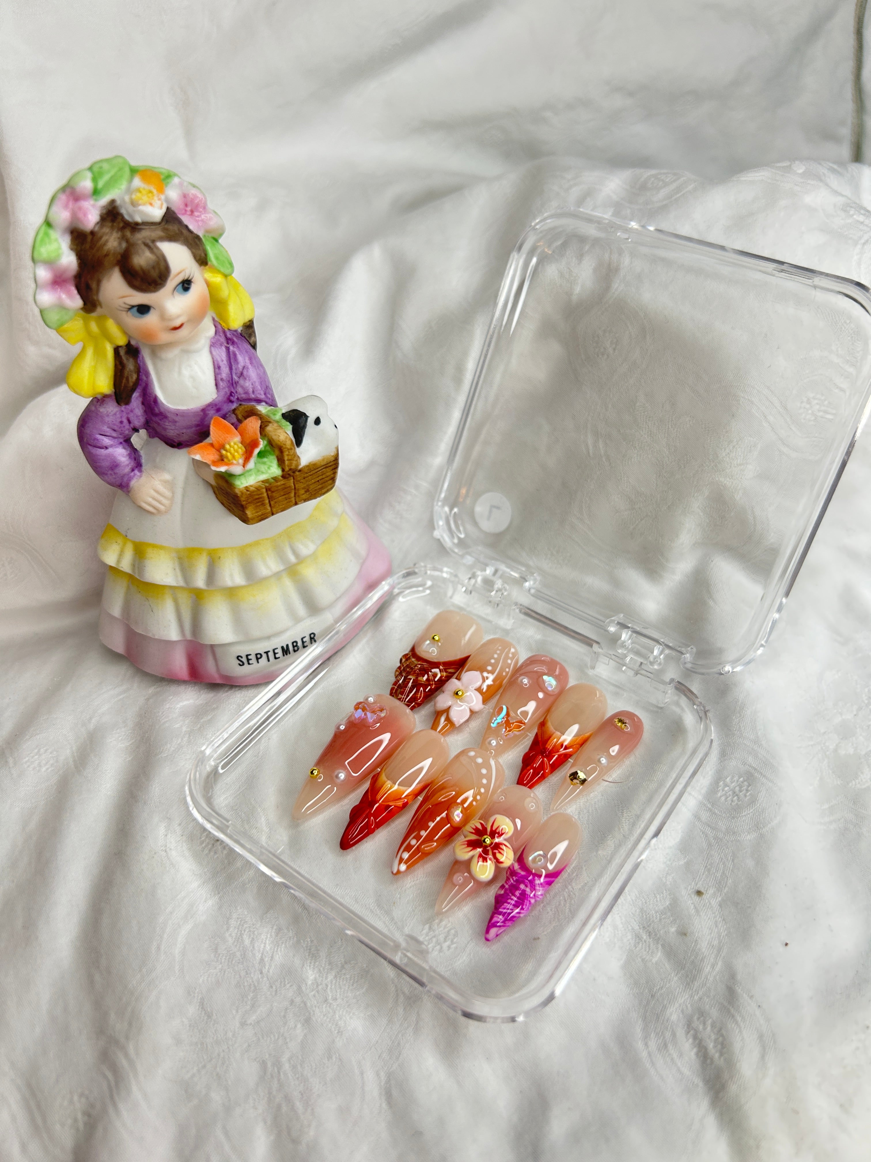 Autumn Floral Press-On Nails | Nude & Warm Orange Stiletto Design | Handmade Statement Nail Set