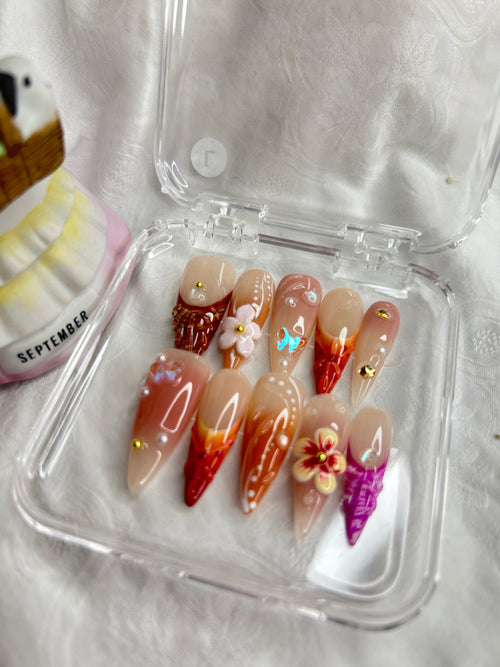 Autumn Floral Press-On Nails | Nude & Warm Orange Stiletto Design | Handmade Statement Nail Set