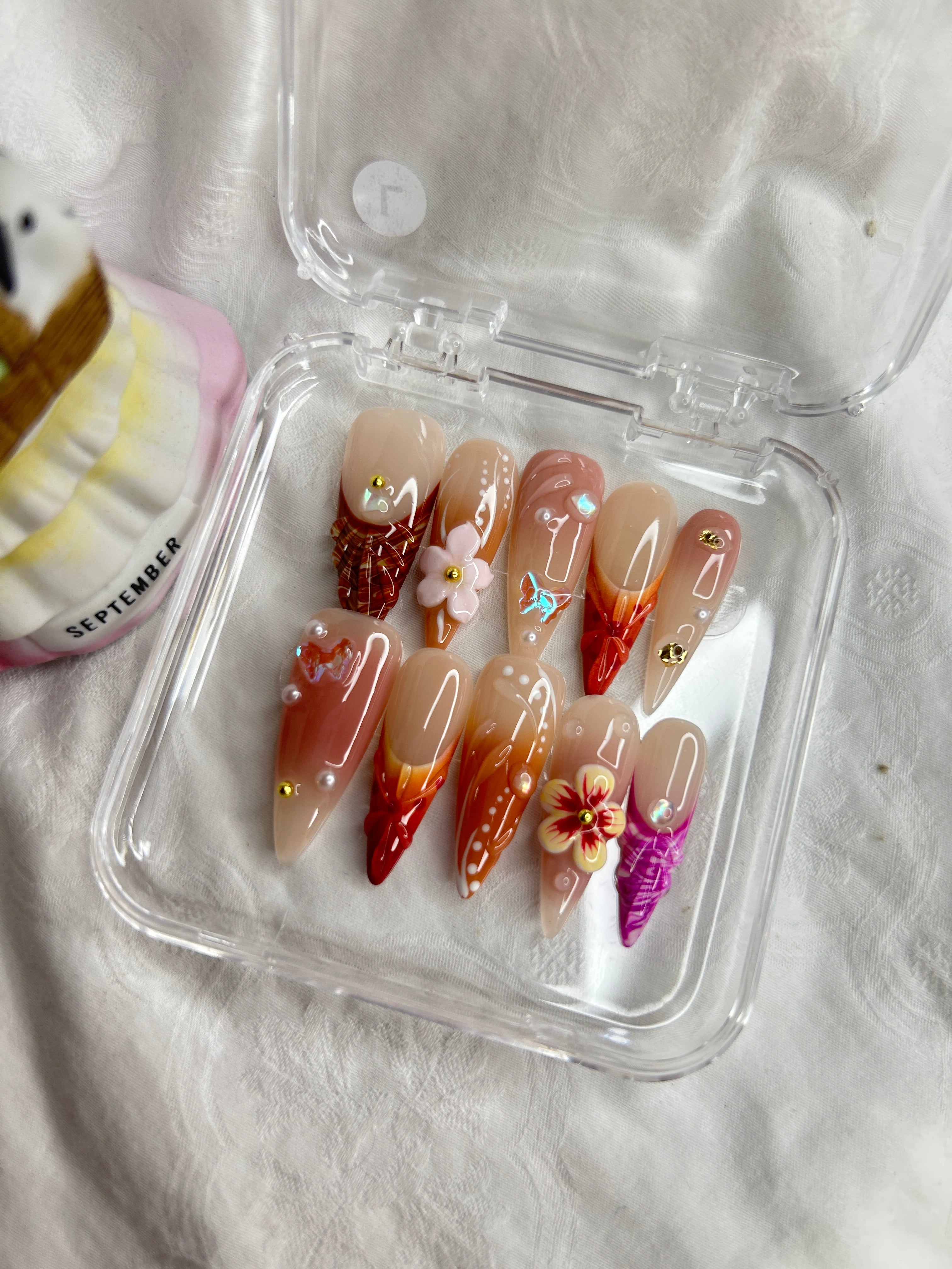 Autumn Floral Press-On Nails | Nude & Warm Orange Stiletto Design | Handmade Statement Nail Set
