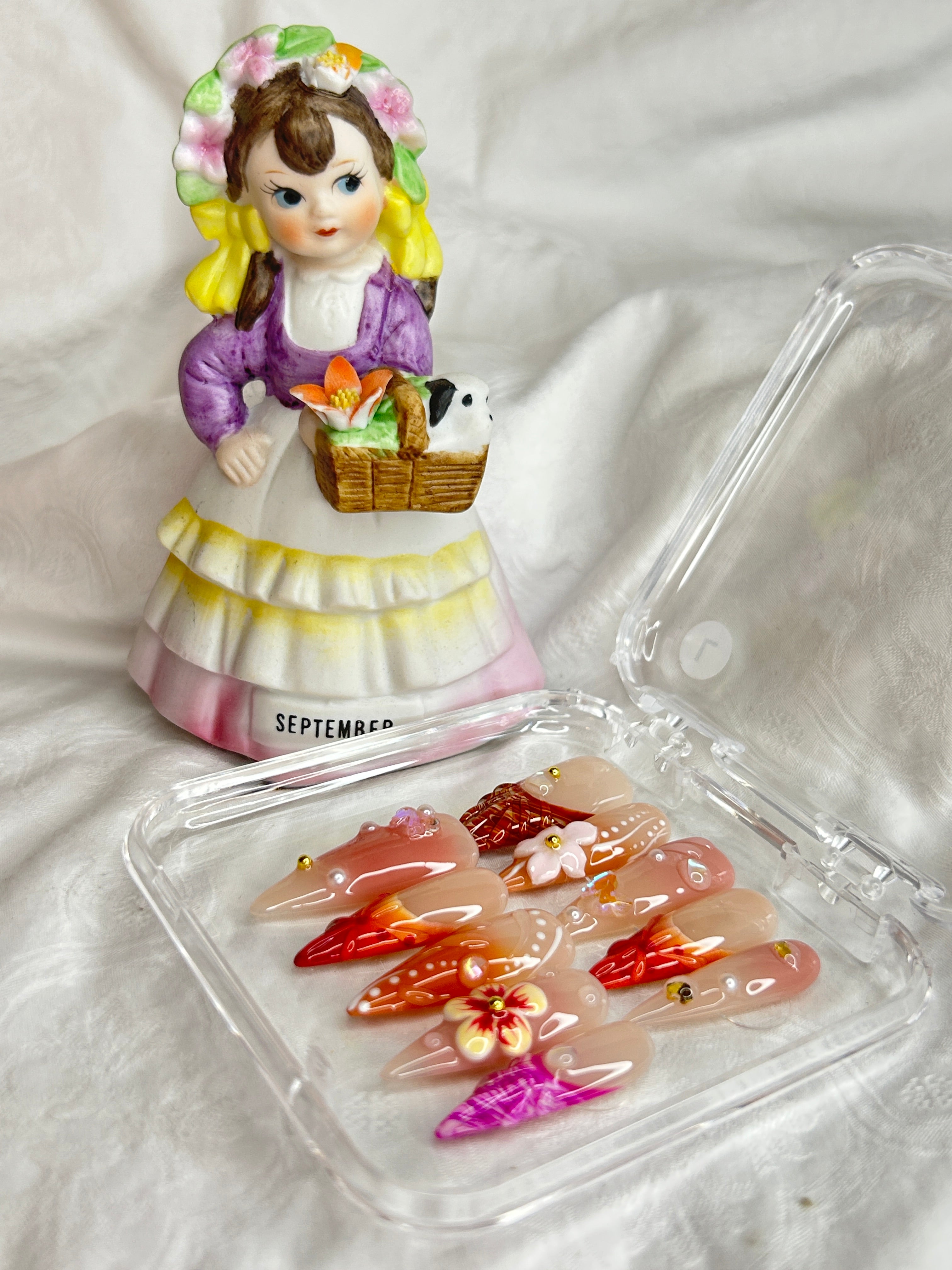 Autumn Floral Press-On Nails | Nude & Warm Orange Stiletto Design | Handmade Statement Nail Set