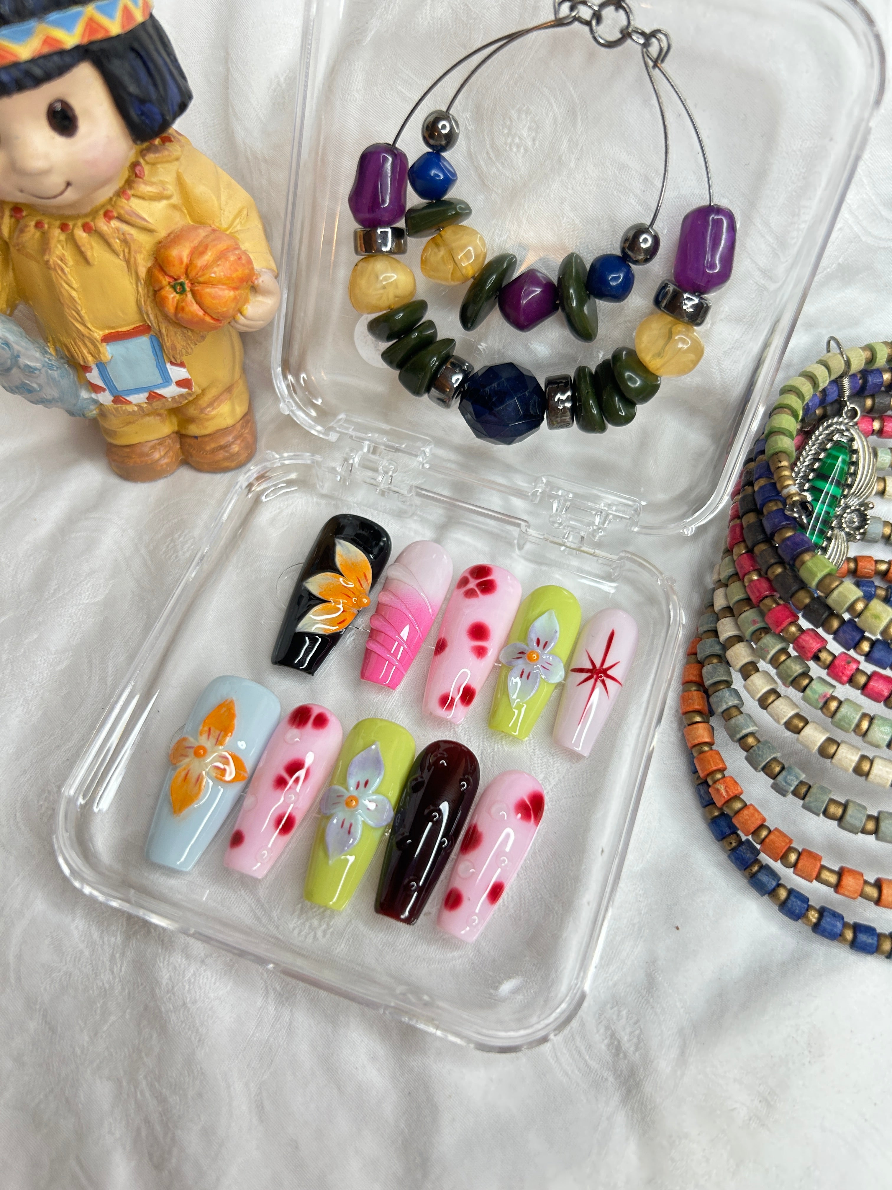 Colorful Artistic Floral Press-On Nails | Handmade Statement Nail Set | Glossy Finish