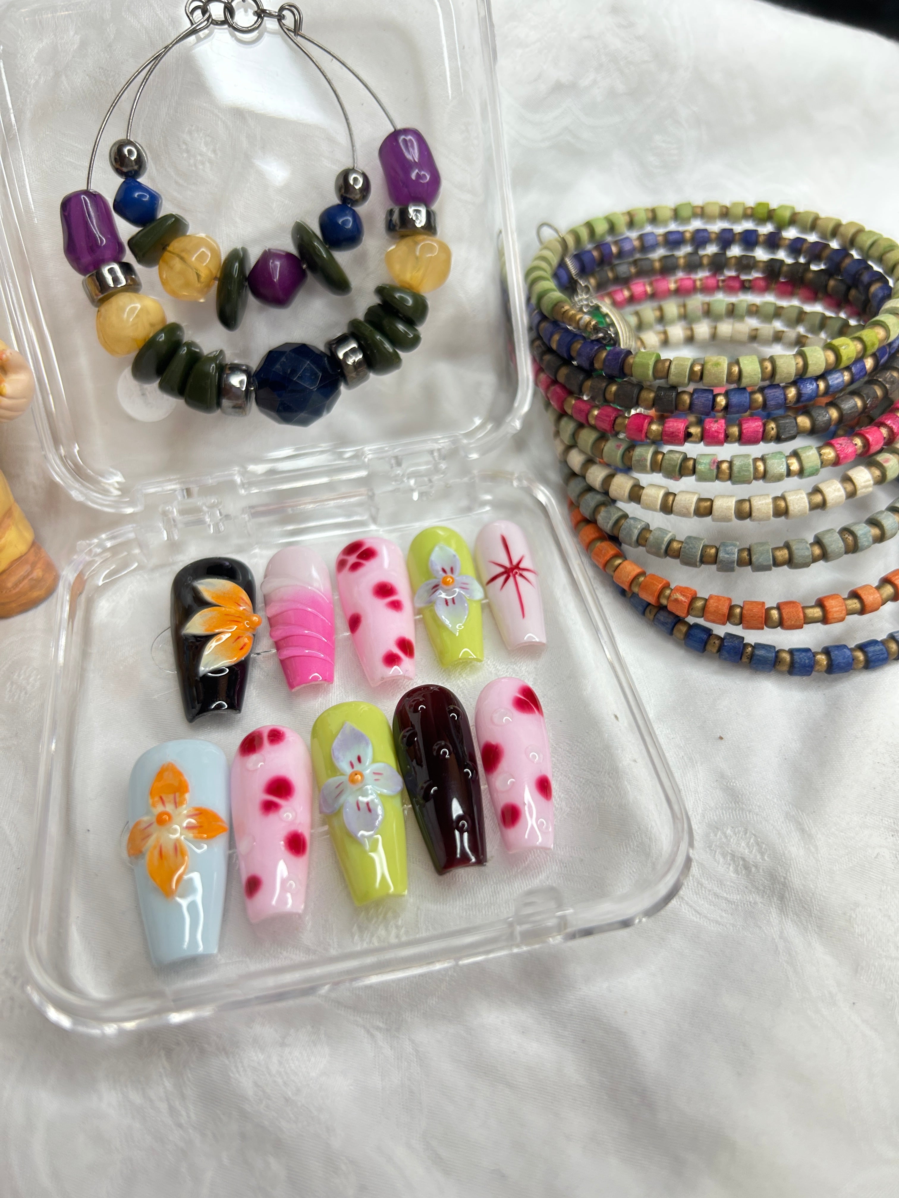 Colorful Artistic Floral Press-On Nails | Handmade Statement Nail Set | Glossy Finish