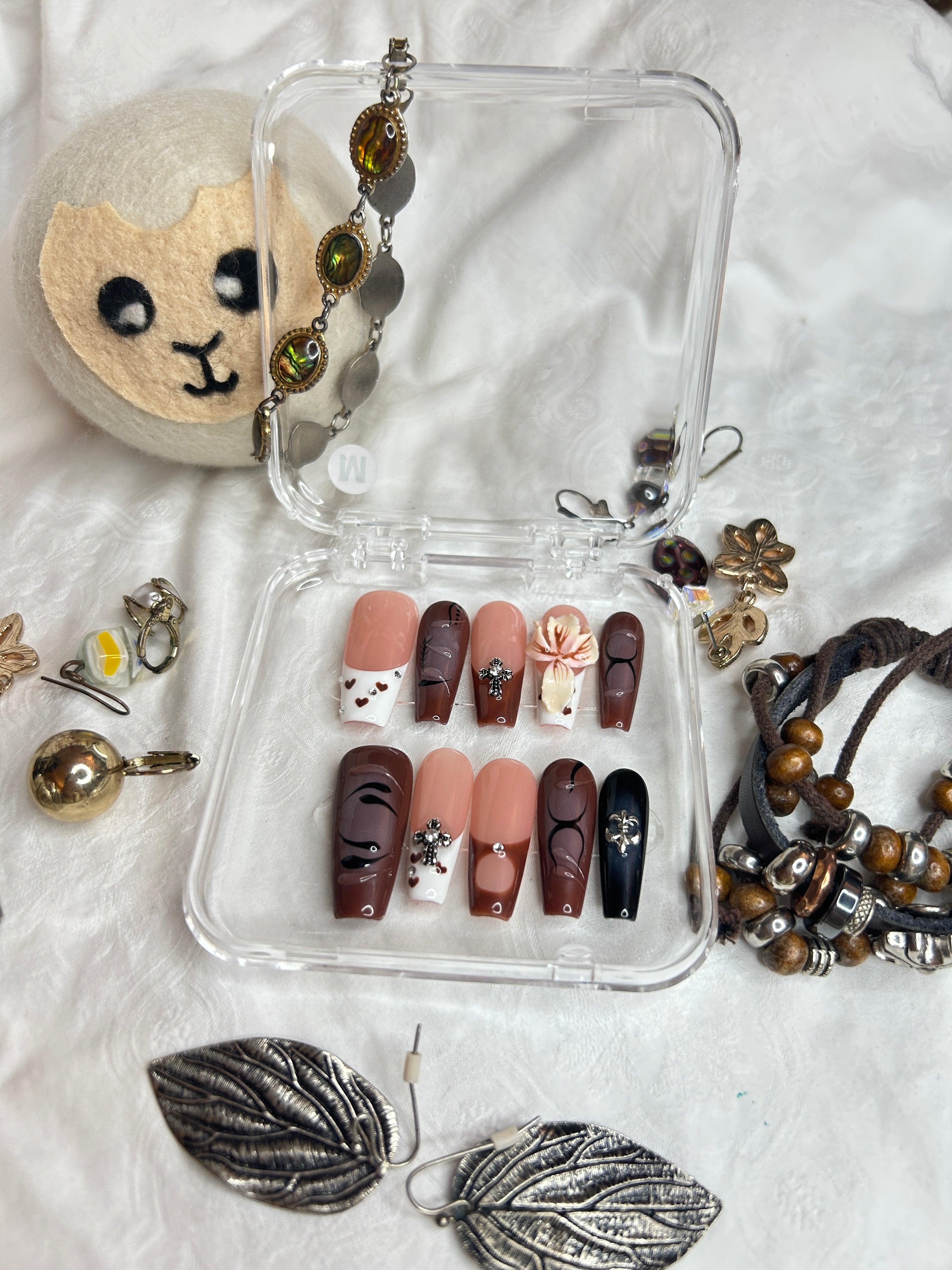 Chocolate Brown & Nude Press-On Nails | Gothic Cross & Floral Design | Handmade Luxury Nail Set