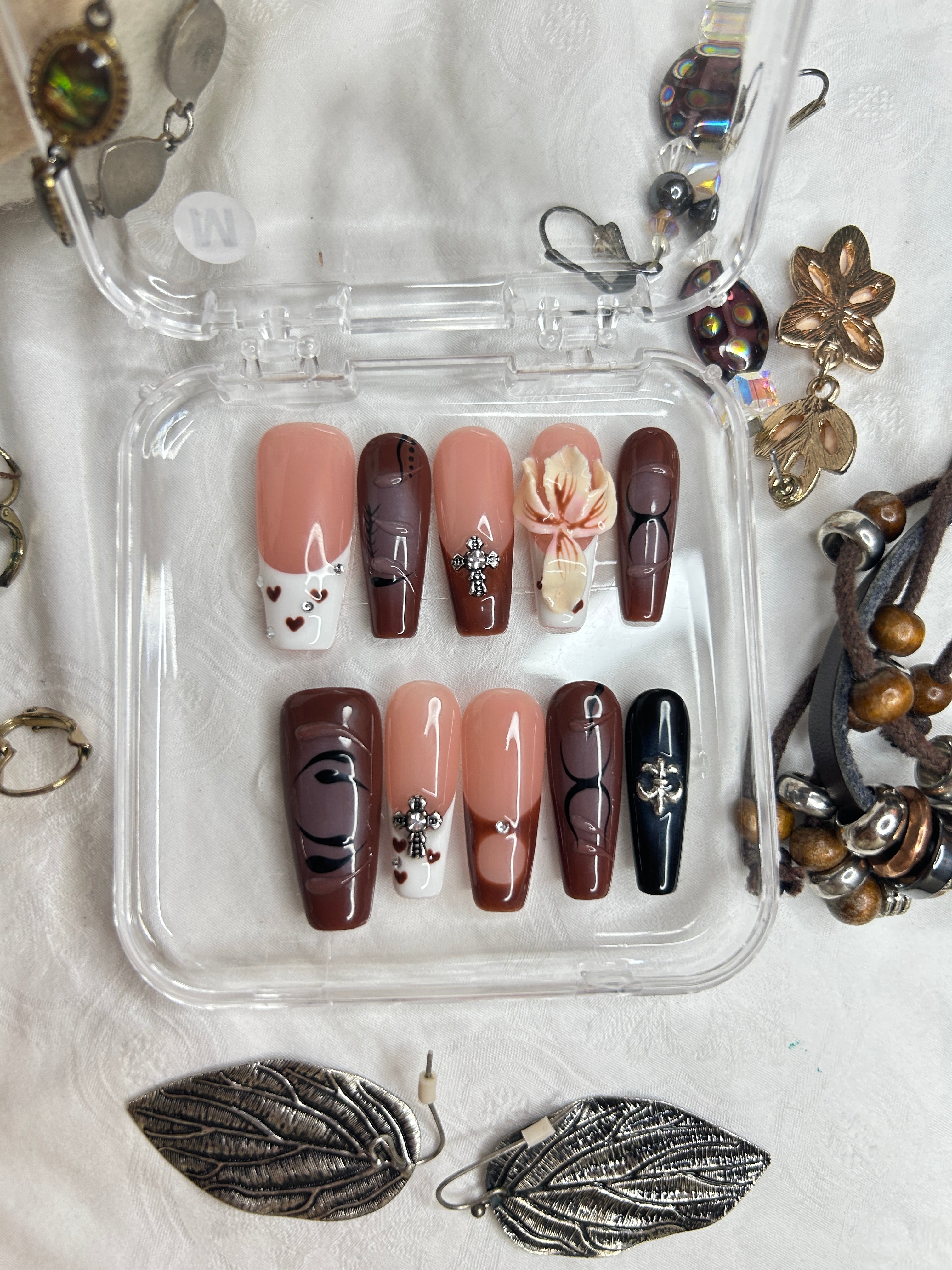 Chocolate Brown & Nude Press-On Nails | Gothic Cross & Floral Design | Handmade Luxury Nail Set
