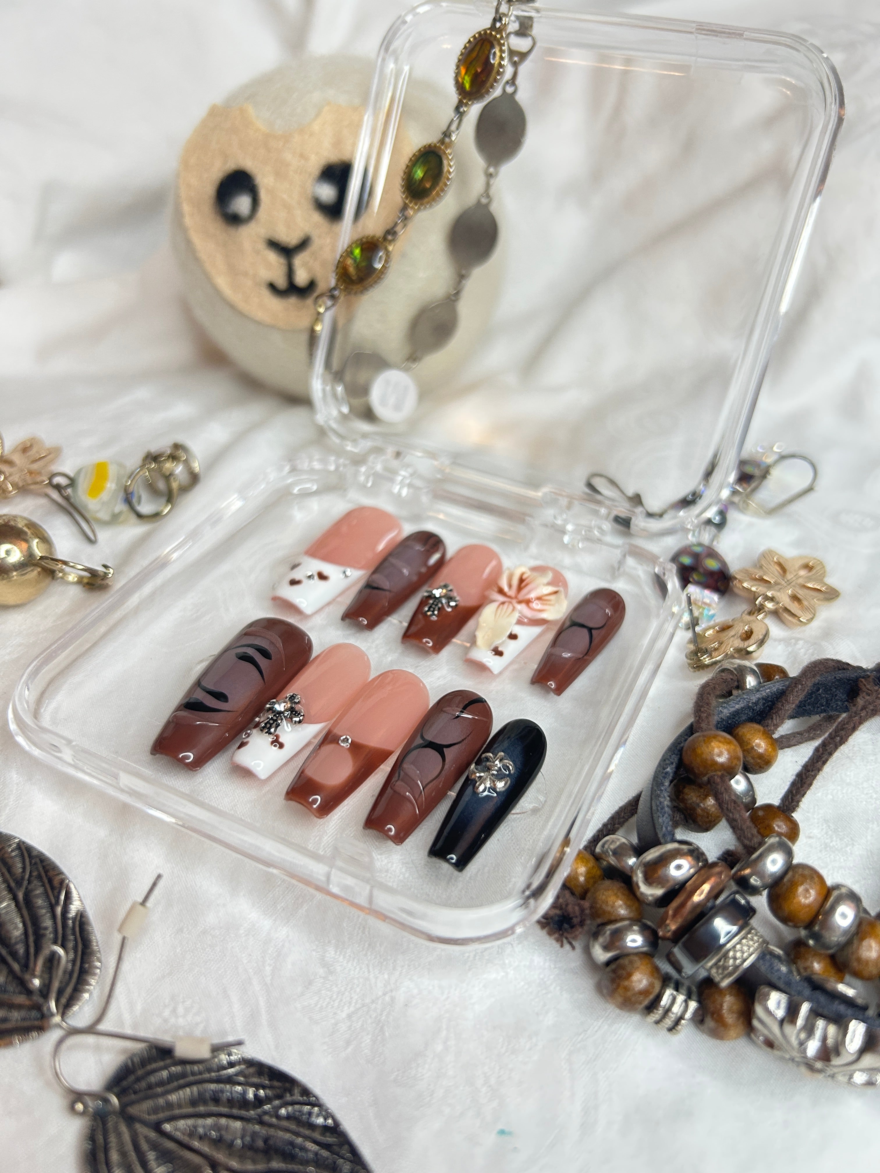 Chocolate Brown & Nude Press-On Nails | Gothic Cross & Floral Design | Handmade Luxury Nail Set