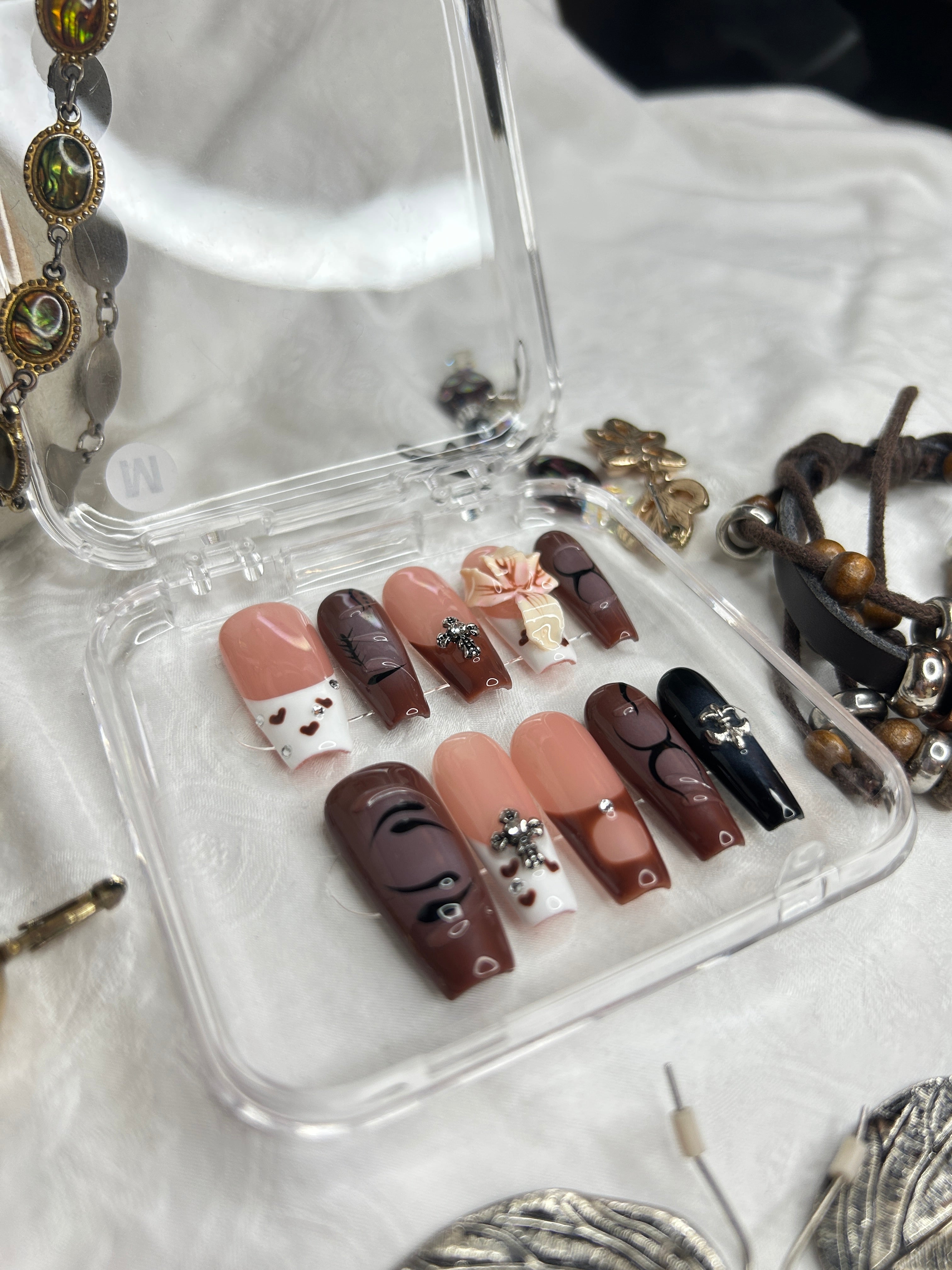 Chocolate Brown & Nude Press-On Nails | Gothic Cross & Floral Design | Handmade Luxury Nail Set