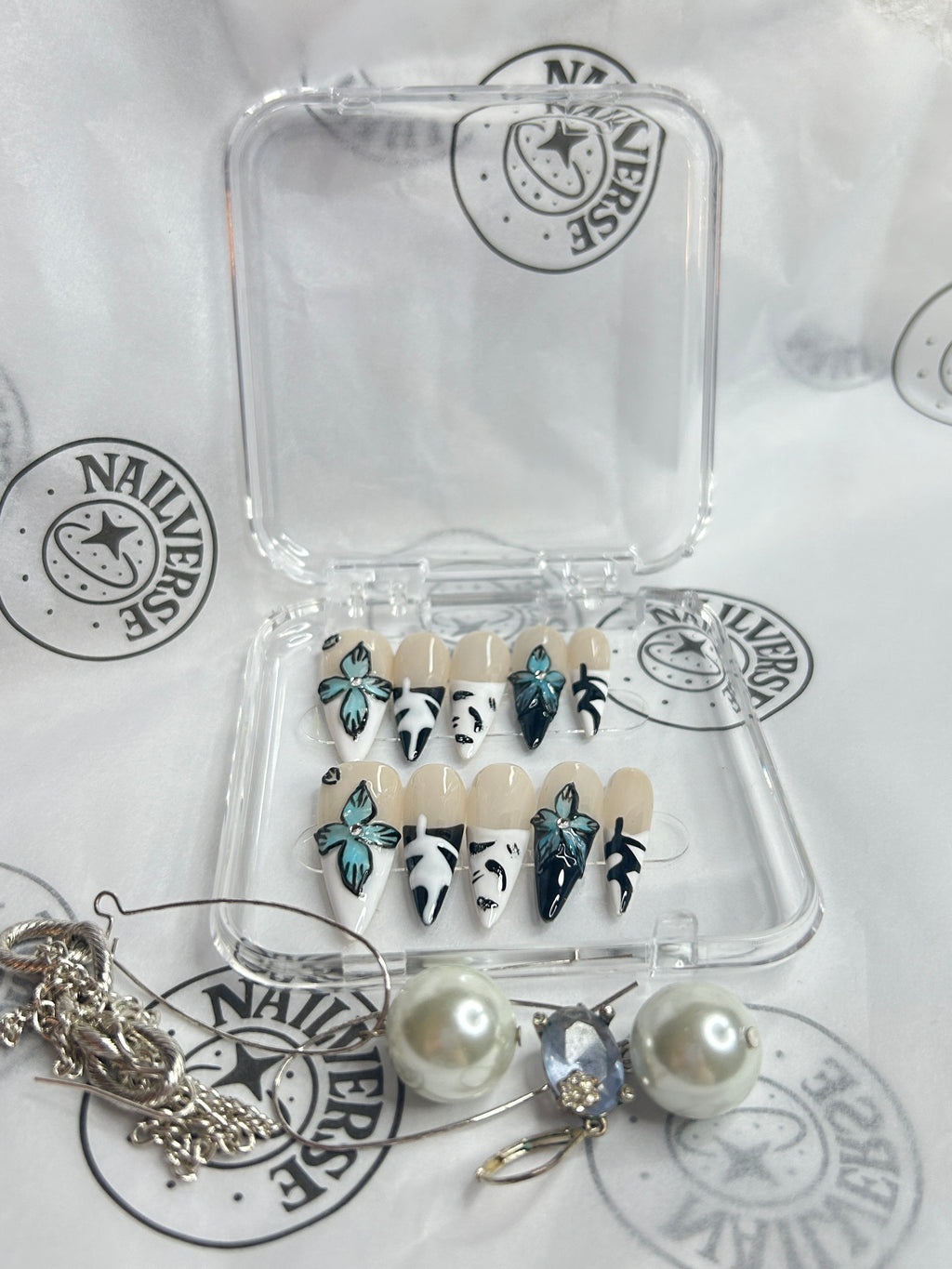 Abstract Blue & White Press-On Nails | Modern Art Design | Handmade Glossy Nail Set