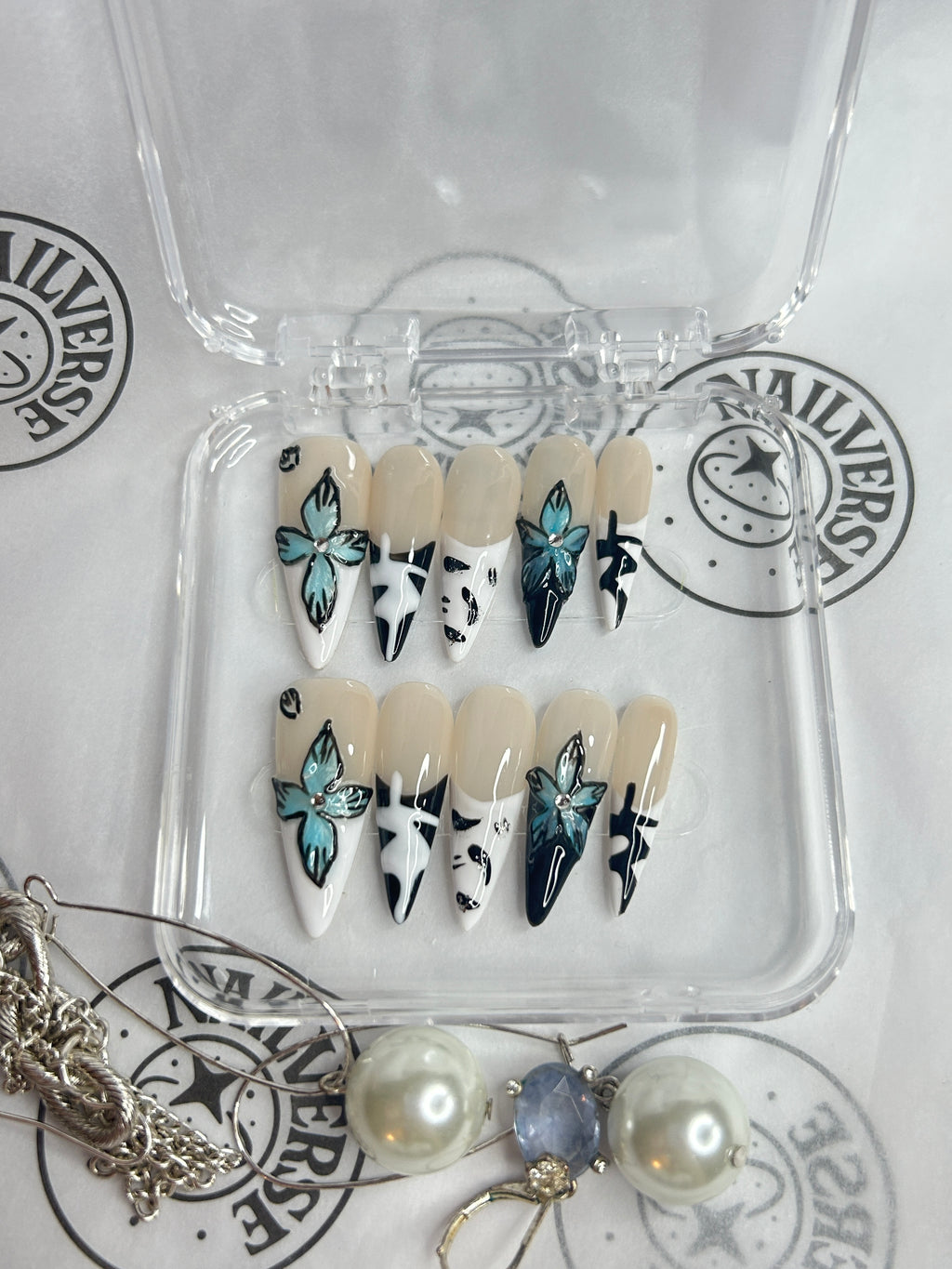 Abstract Blue & White Press-On Nails | Modern Art Design | Handmade Glossy Nail Set