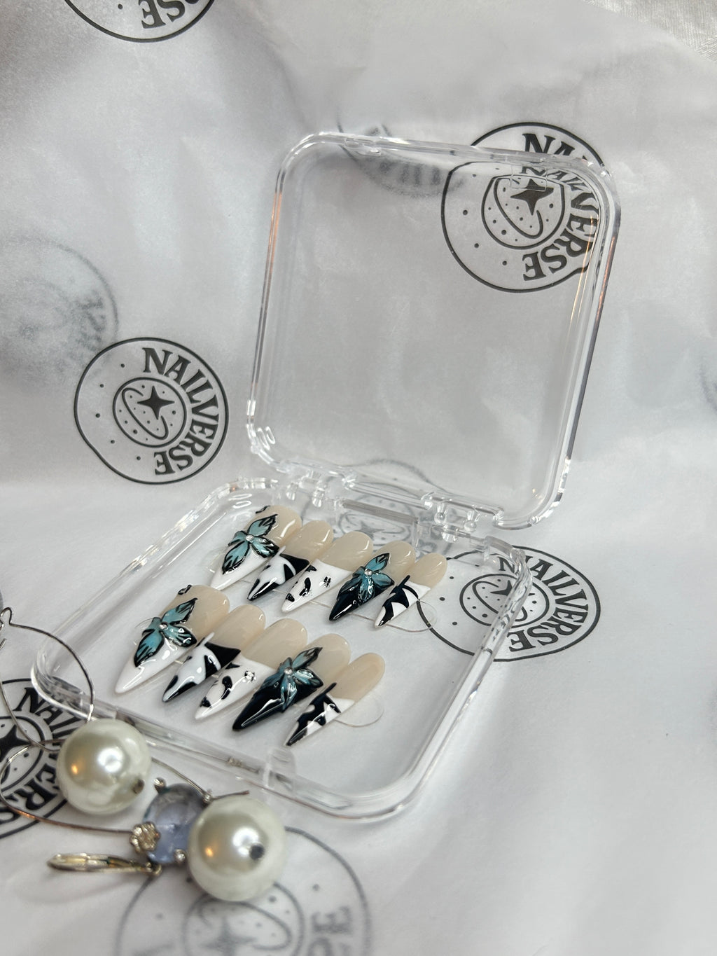 Abstract Blue & White Press-On Nails | Modern Art Design | Handmade Glossy Nail Set