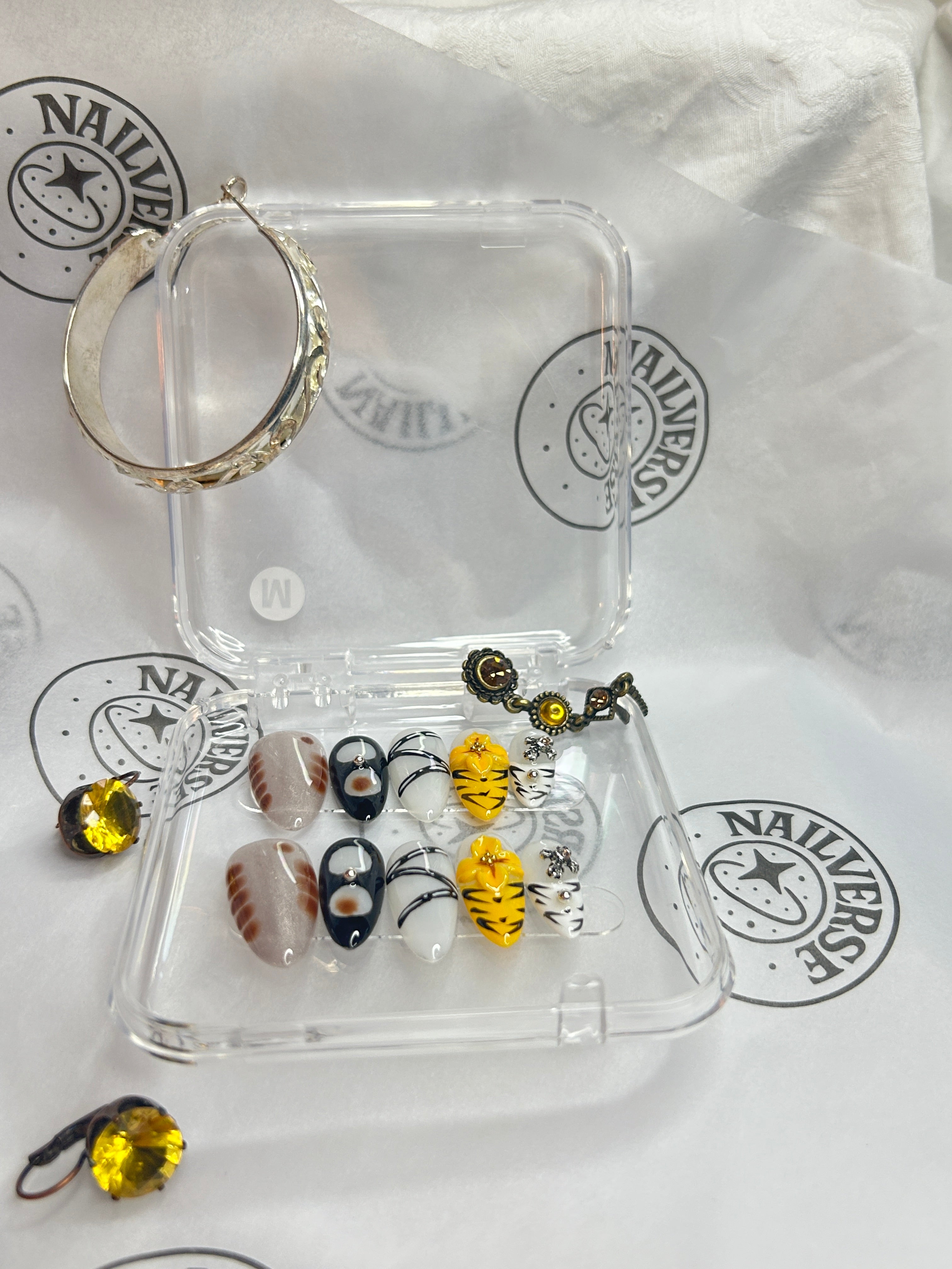 Abstract Mixed-Pattern Press-On Nails | Yellow Accent Art Design | Handmade Glossy Set