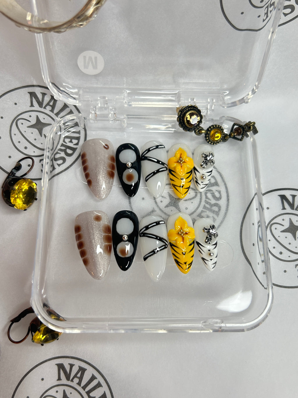 Abstract Mixed-Pattern Press-On Nails | Yellow Accent Art Design | Handmade Glossy Set