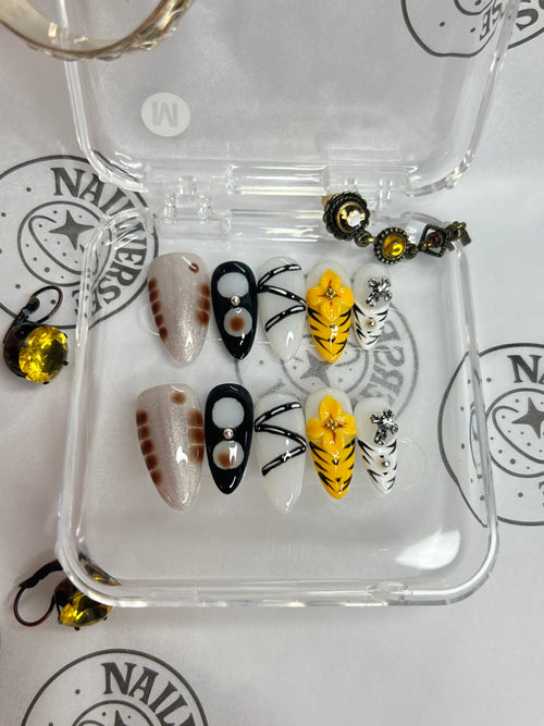 Abstract Mixed-Pattern Press-On Nails | Yellow Accent Art Design | Handmade Glossy Set