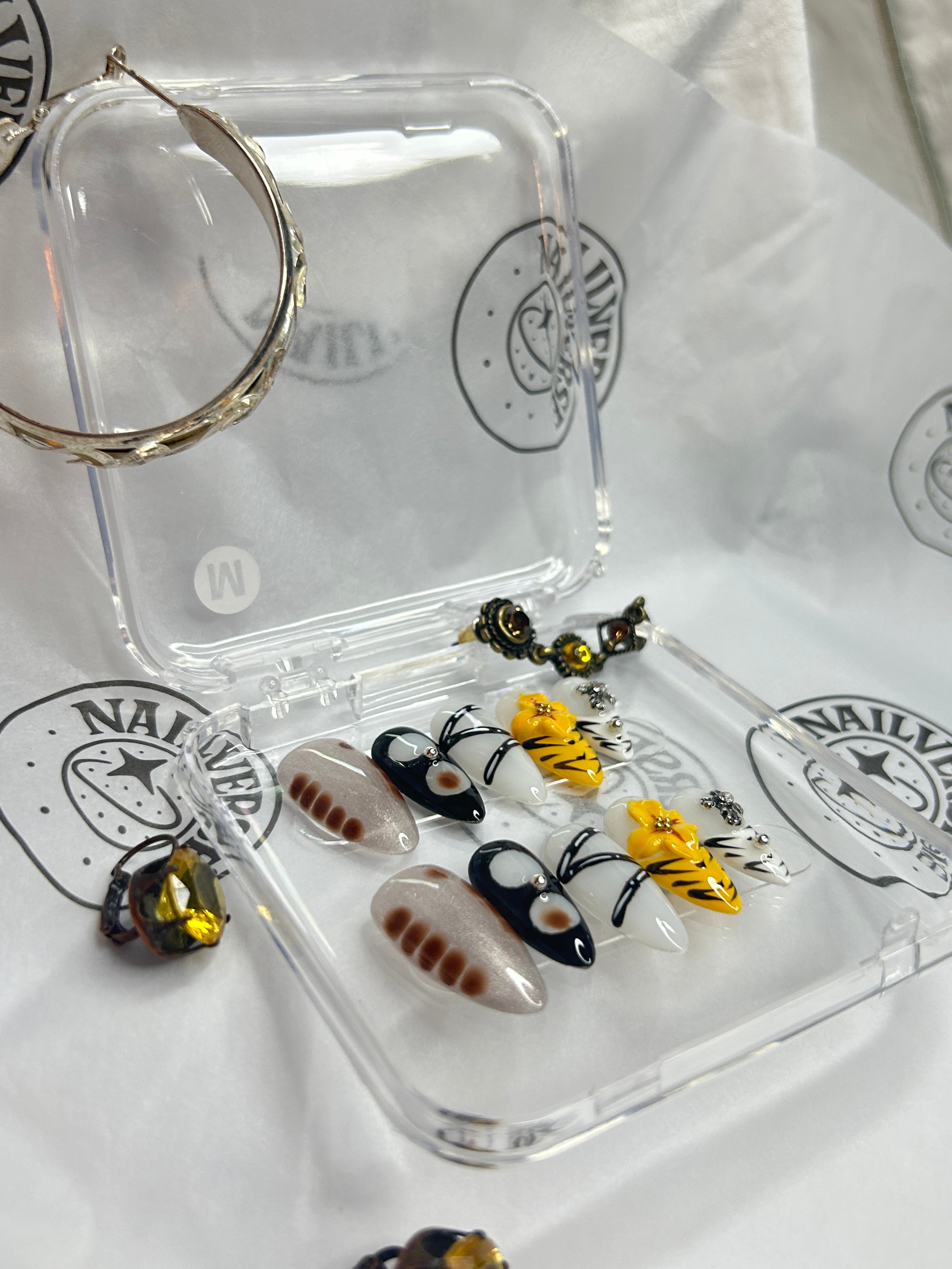 Abstract Mixed-Pattern Press-On Nails | Yellow Accent Art Design | Handmade Glossy Set