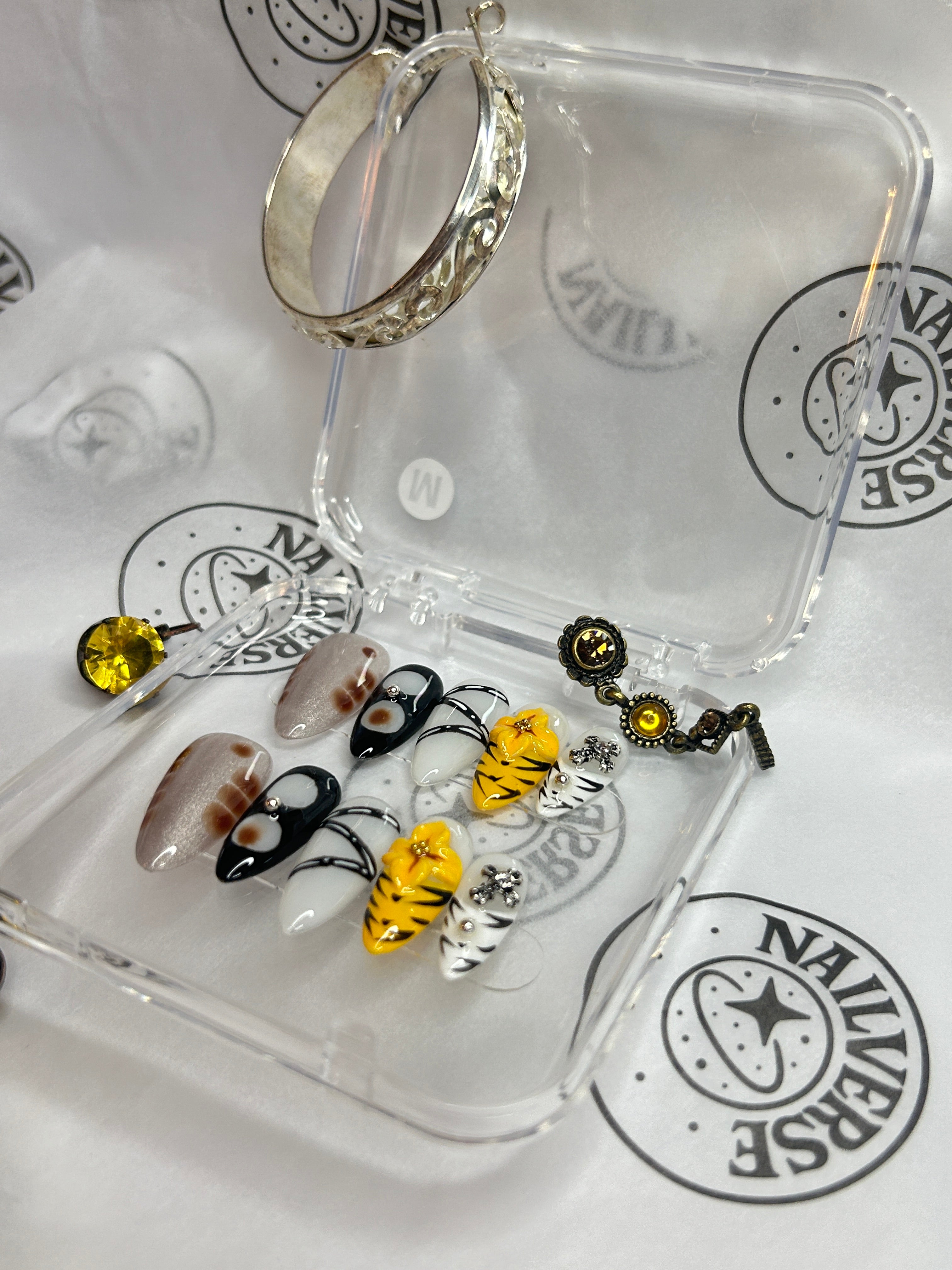 Abstract Mixed-Pattern Press-On Nails | Yellow Accent Art Design | Handmade Glossy Set