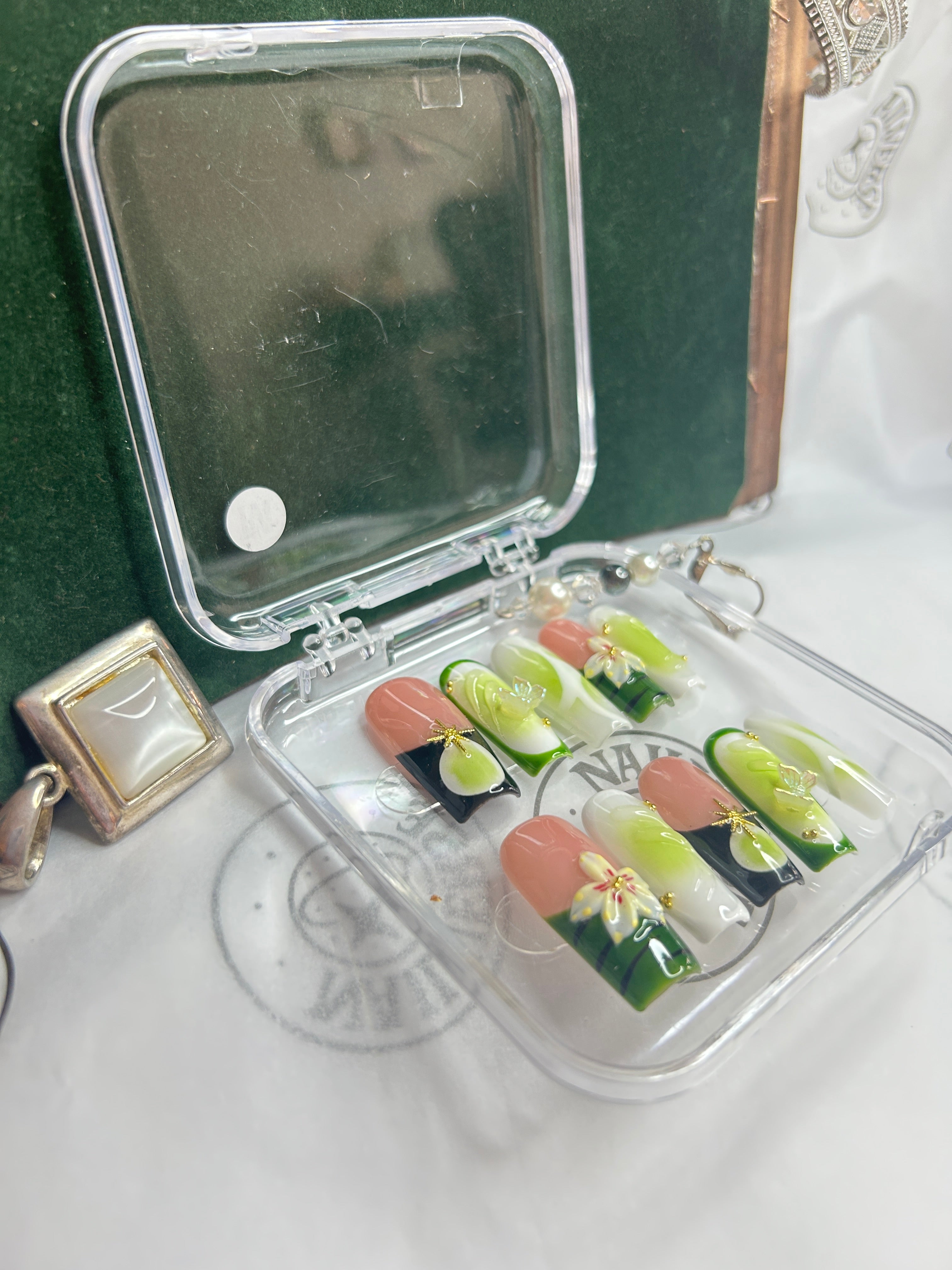 Fresh Green Ombre Floral Press-On Nails | Botanical Luxury Design | Handmade Glossy Set