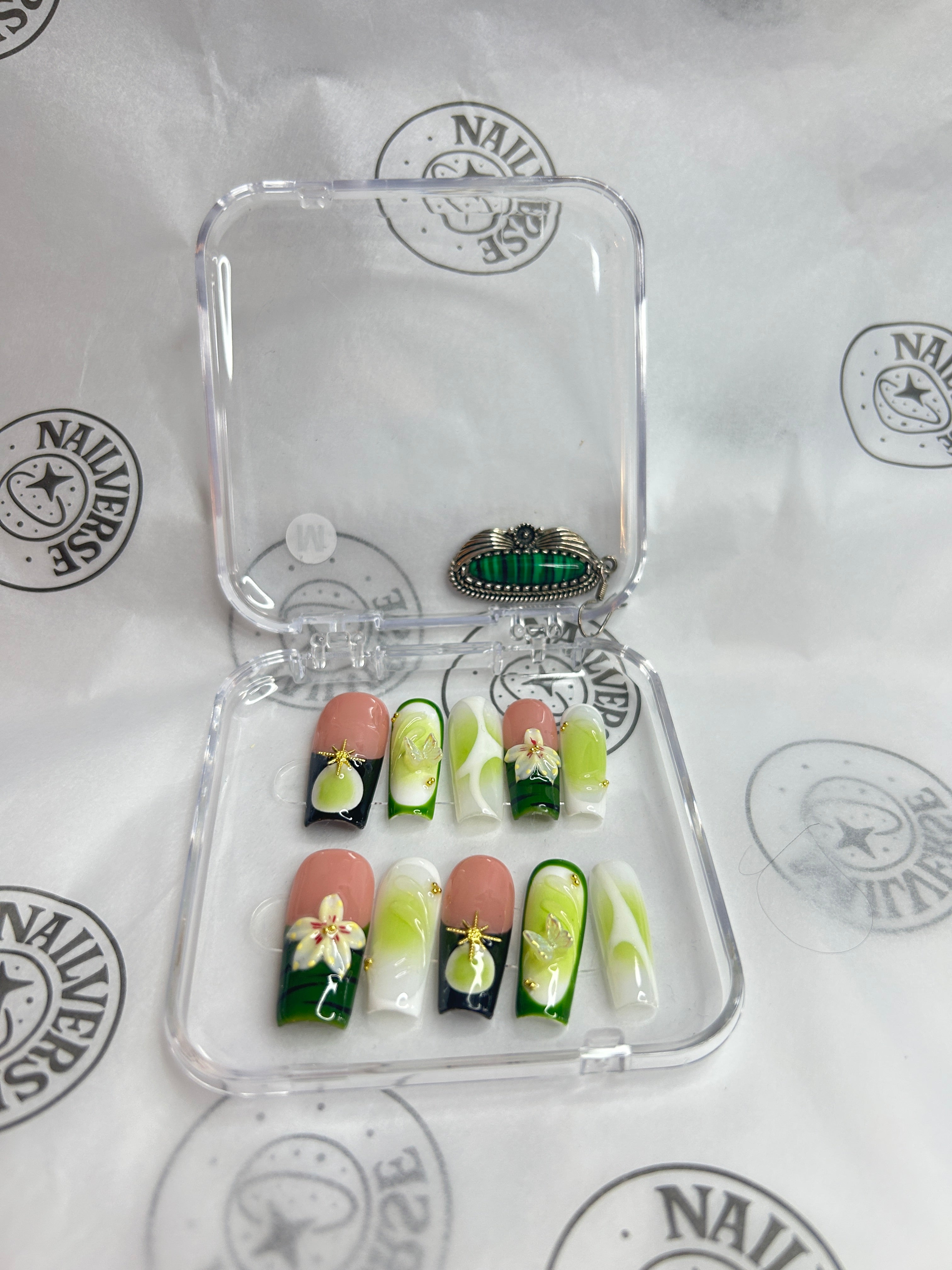 Fresh Green Ombre Floral Press-On Nails | Botanical Luxury Design | Handmade Glossy Set