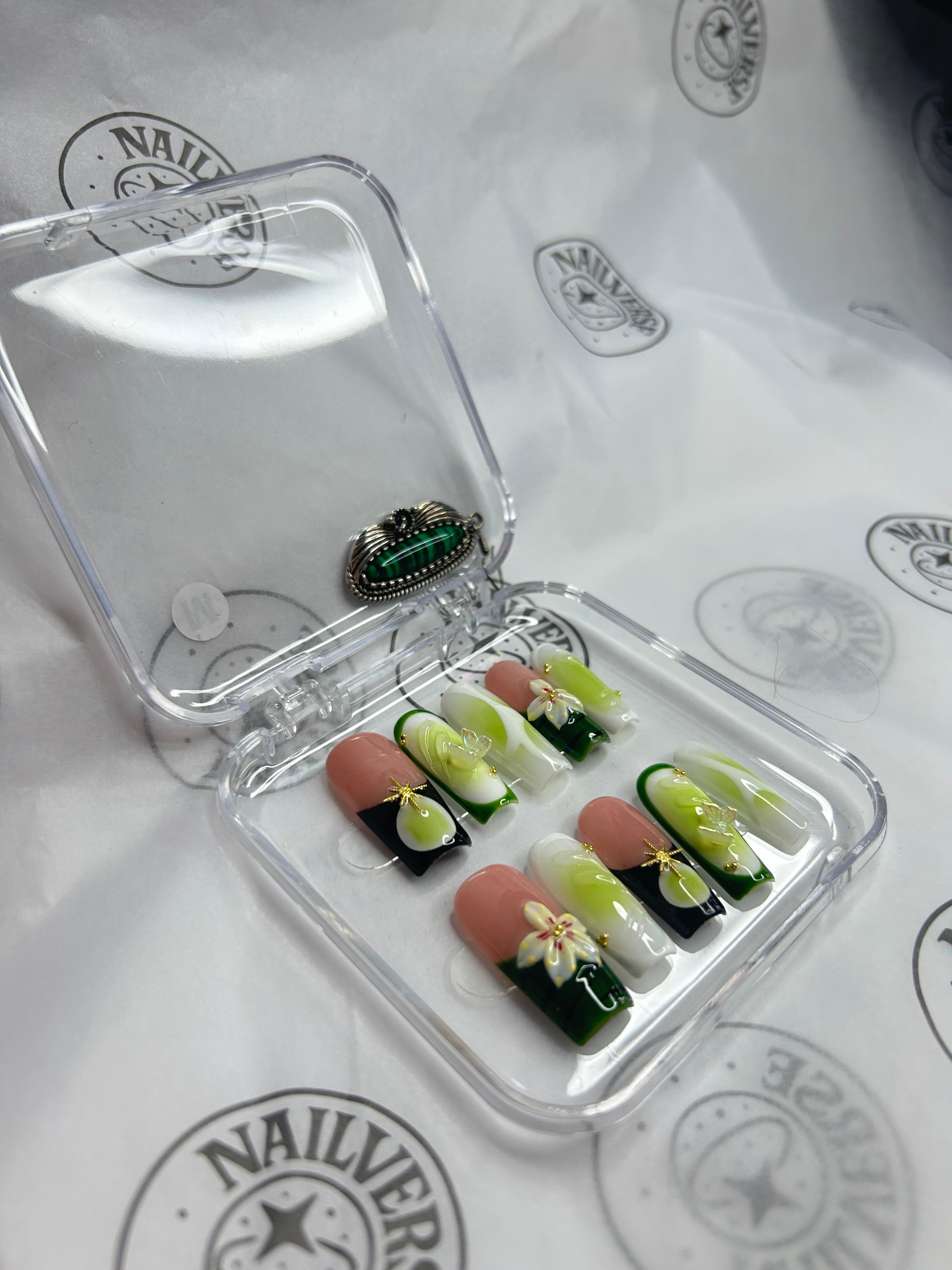 Fresh Green Ombre Floral Press-On Nails | Botanical Luxury Design | Handmade Glossy Set