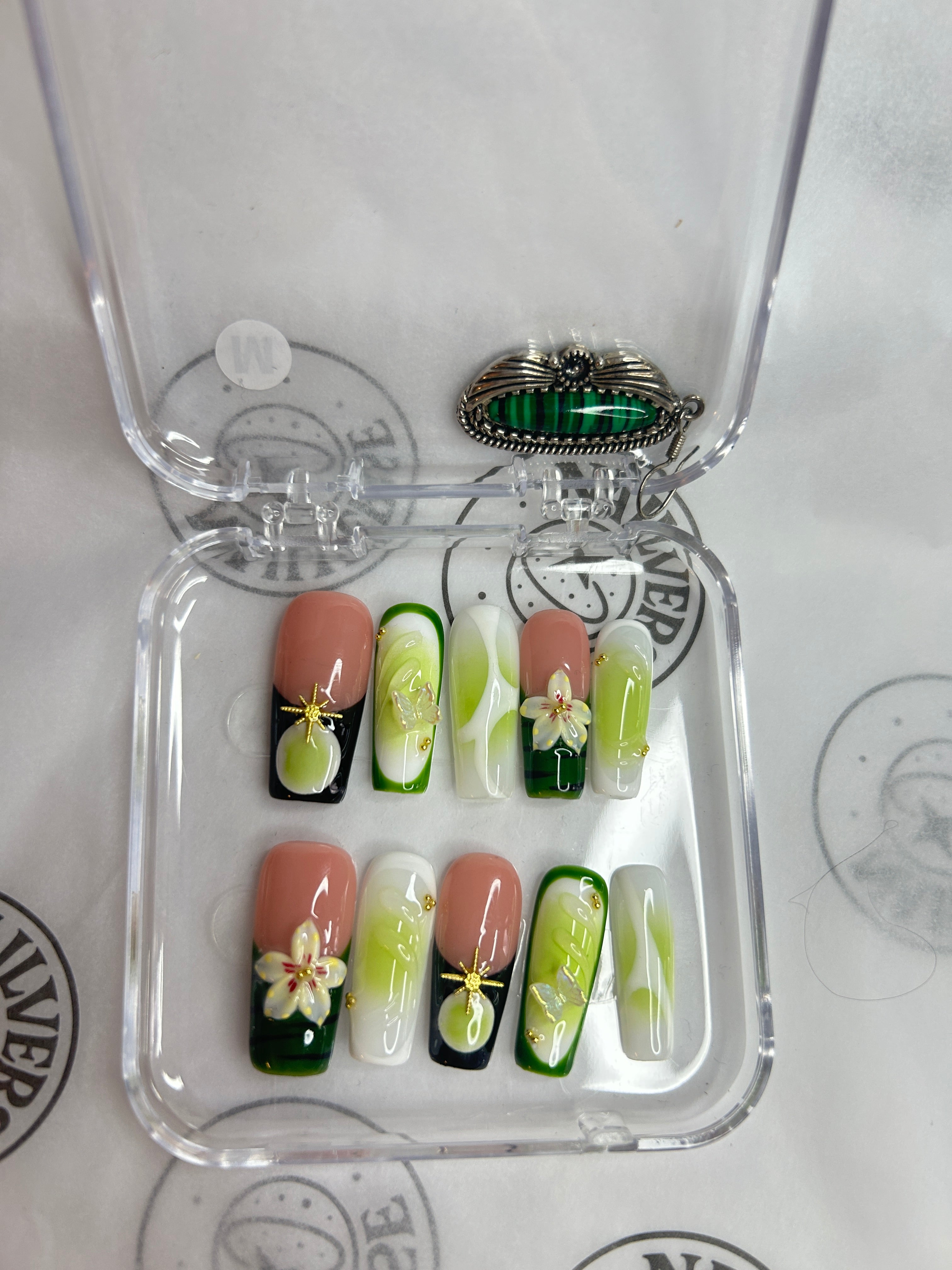 Fresh Green Ombre Floral Press-On Nails | Botanical Luxury Design | Handmade Glossy Set