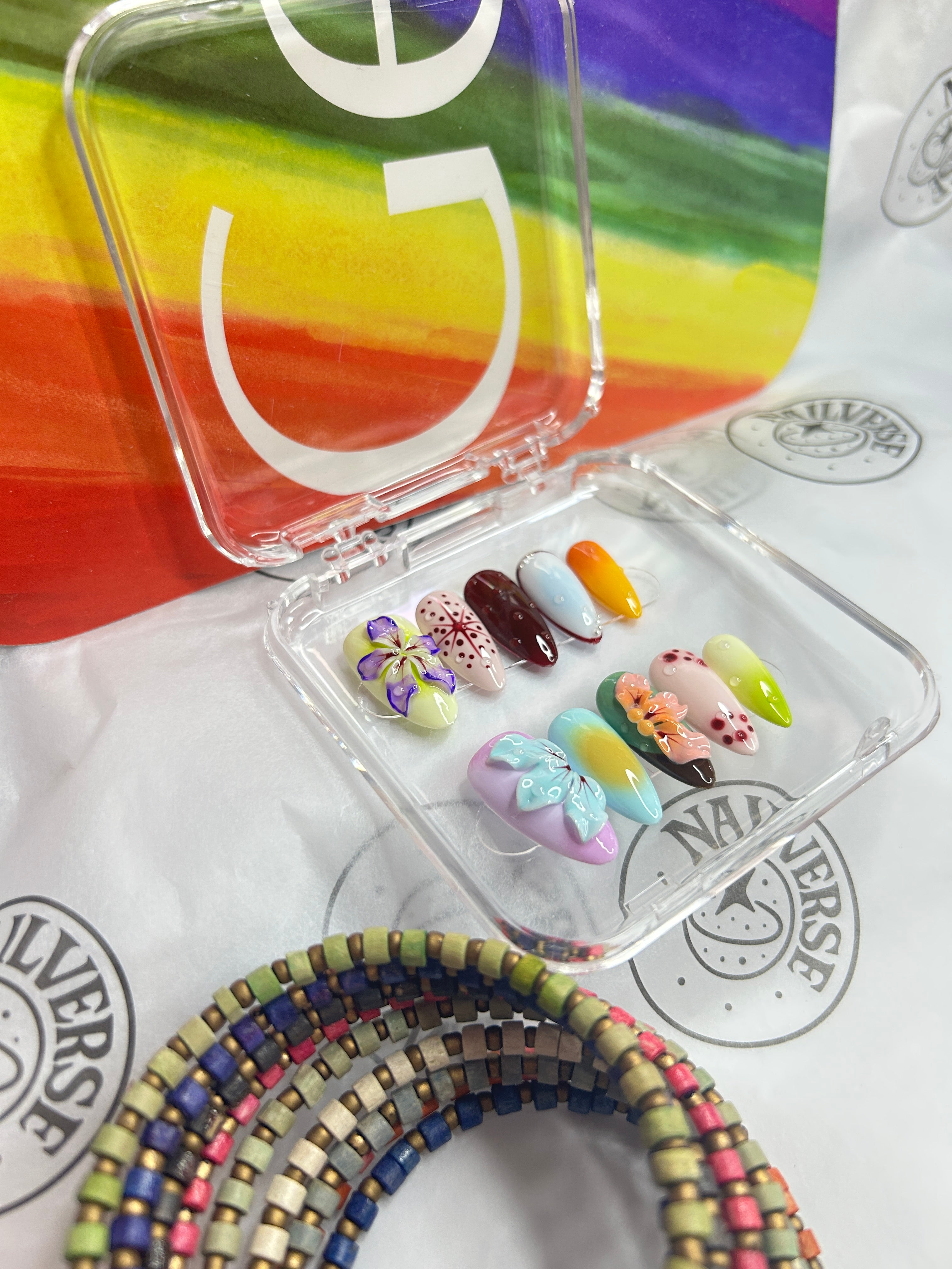 Colorful Pastel Press-On Nails | Playful 3D Floral & Candy Art | Handmade Glossy Set