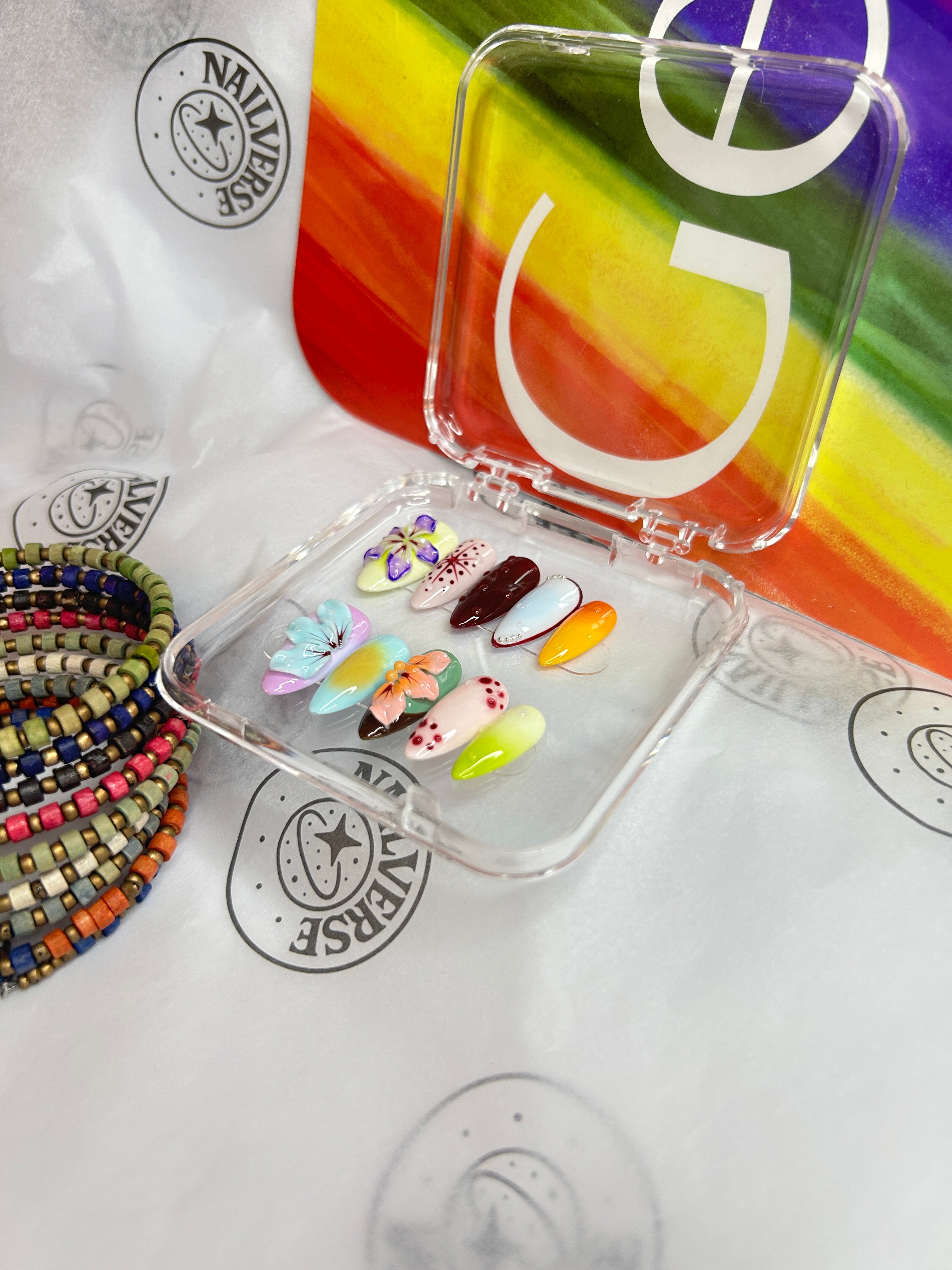 Colorful Pastel Press-On Nails | Playful 3D Floral & Candy Art | Handmade Glossy Set