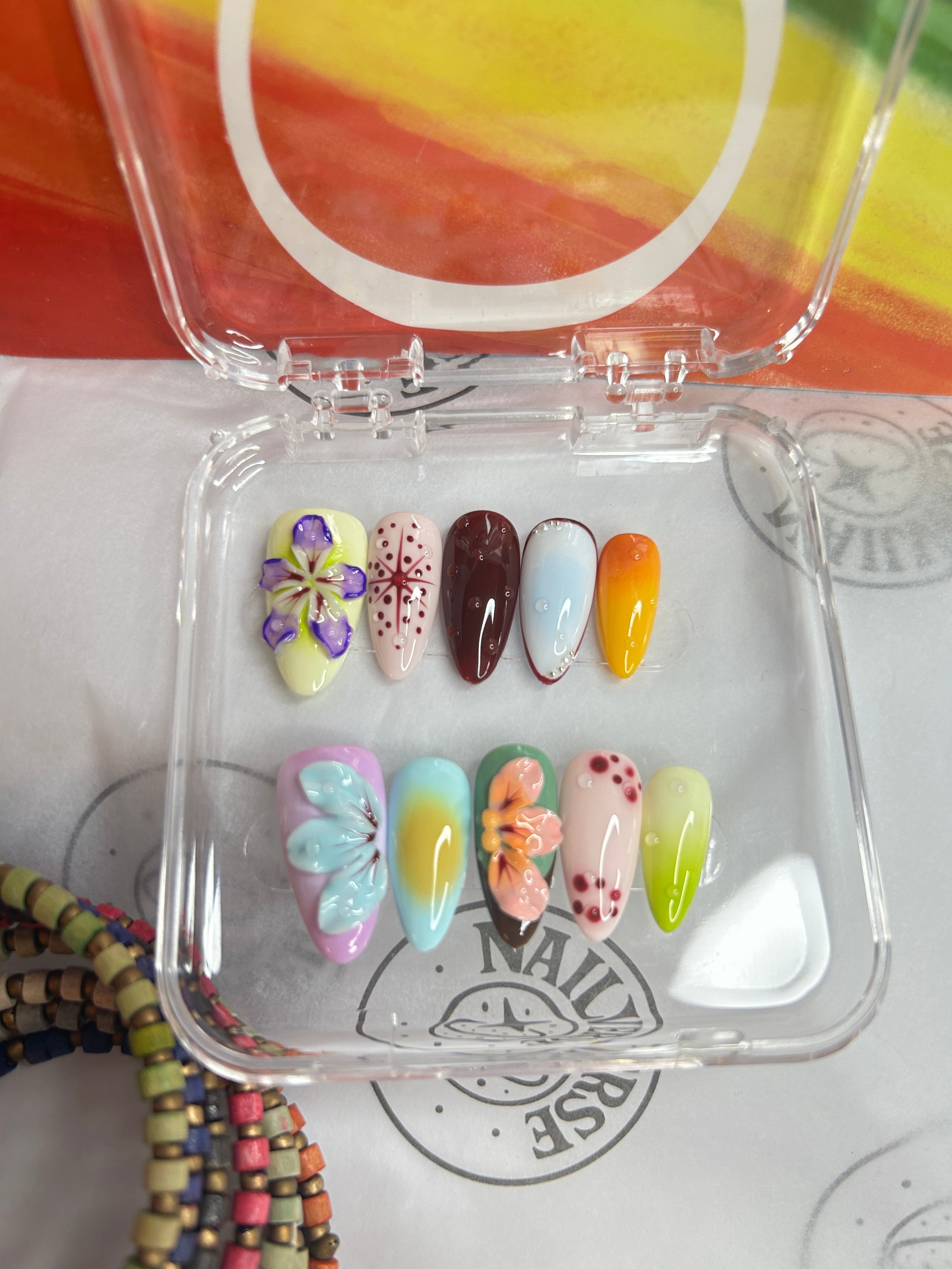 Colorful Pastel Press-On Nails | Playful 3D Floral & Candy Art | Handmade Glossy Set