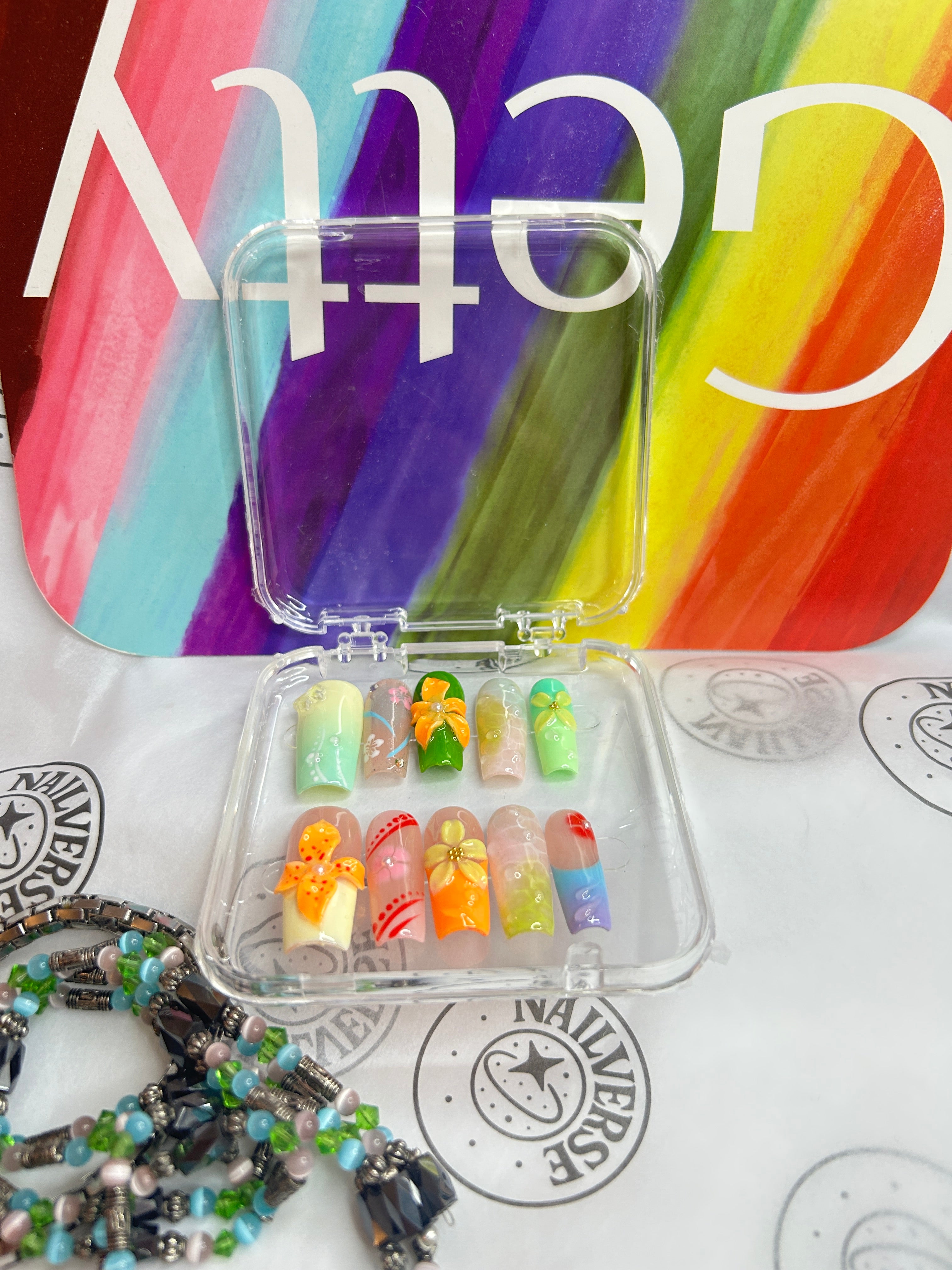 Colorful Floral Press-On Nails | Handmade 3D Flower Nail Art | Glossy Summer Set