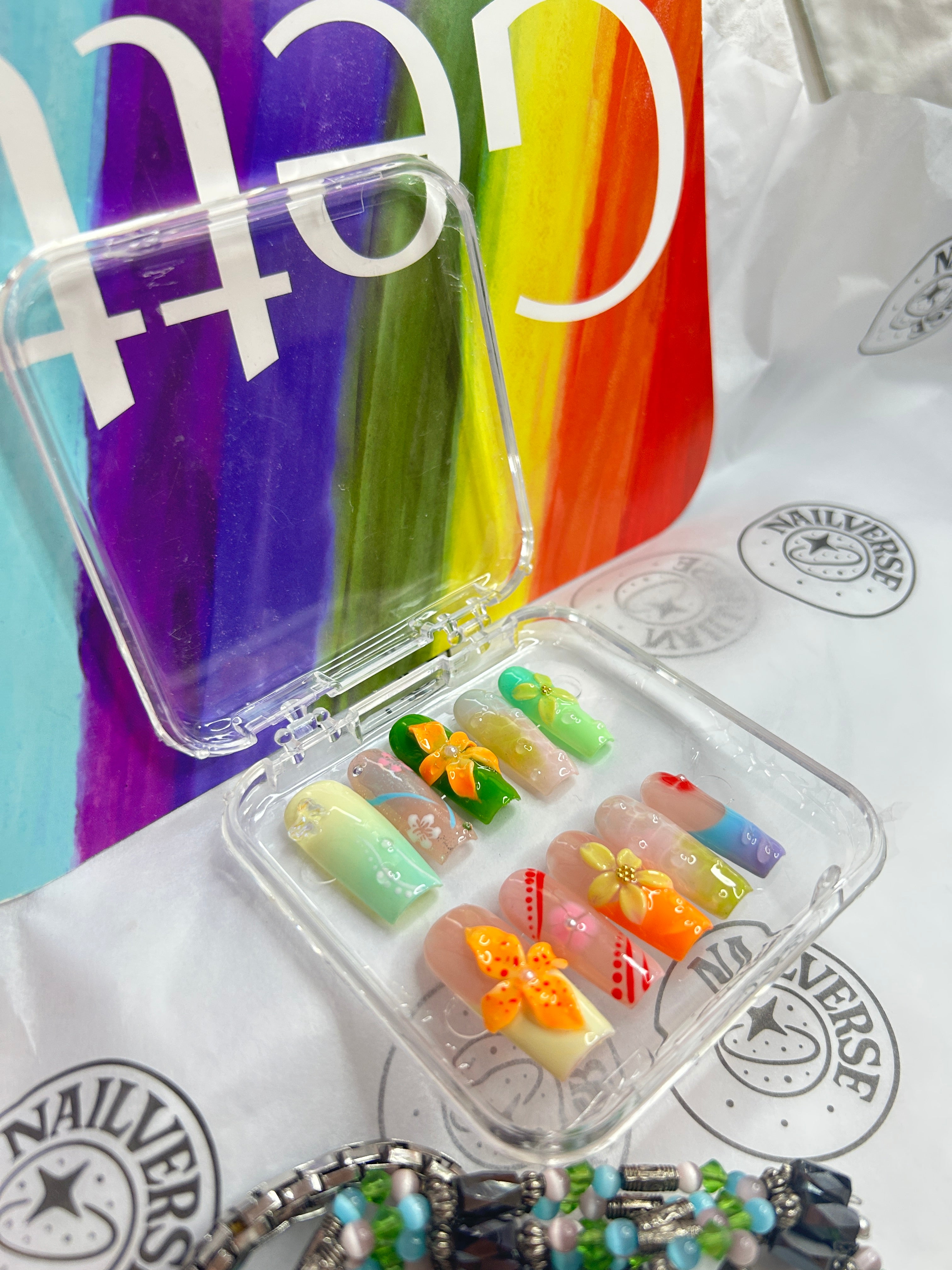 Colorful Floral Press-On Nails | Handmade 3D Flower Nail Art | Glossy Summer Set