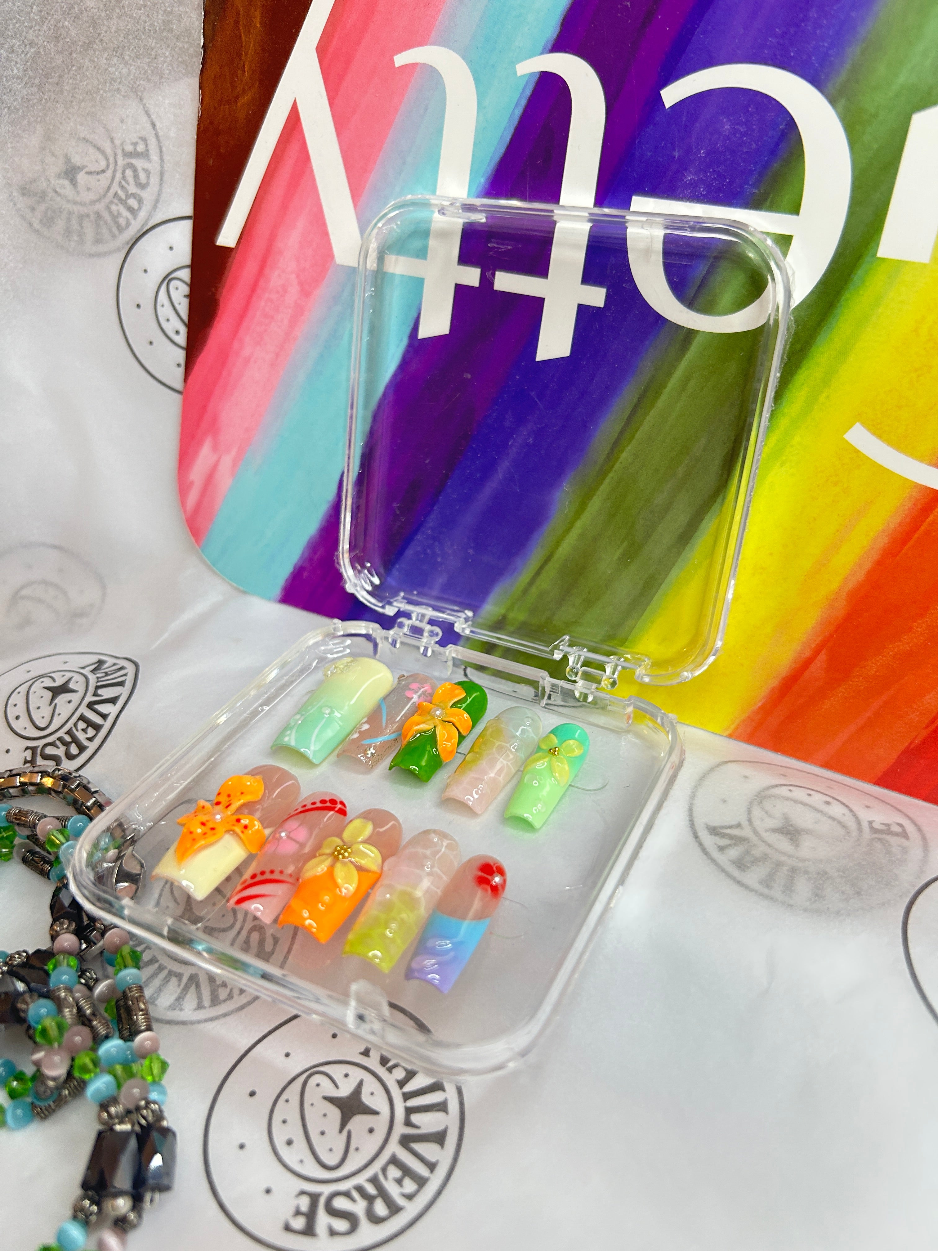 Colorful Floral Press-On Nails | Handmade 3D Flower Nail Art | Glossy Summer Set