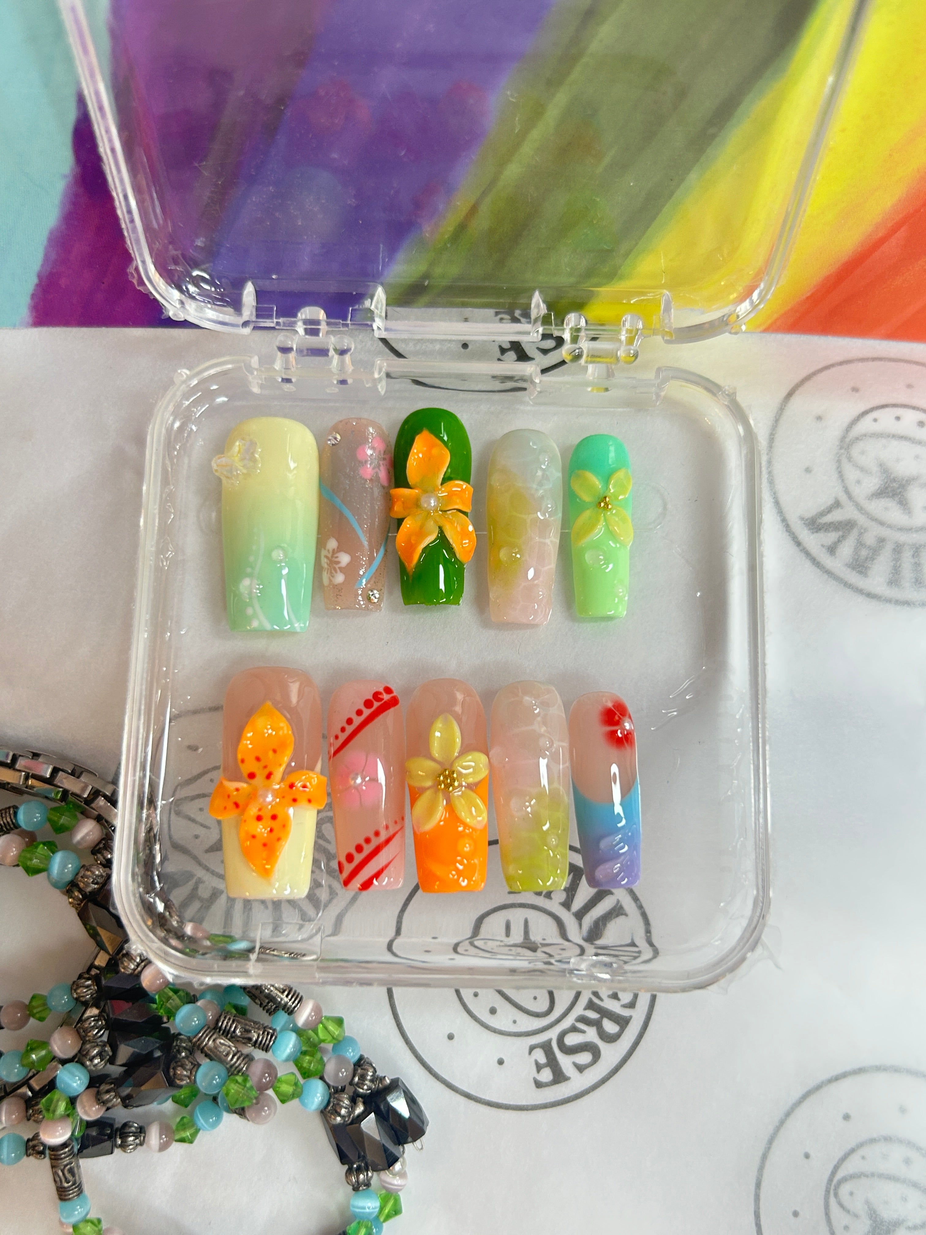 Colorful Floral Press-On Nails | Handmade 3D Flower Nail Art | Glossy Summer Set