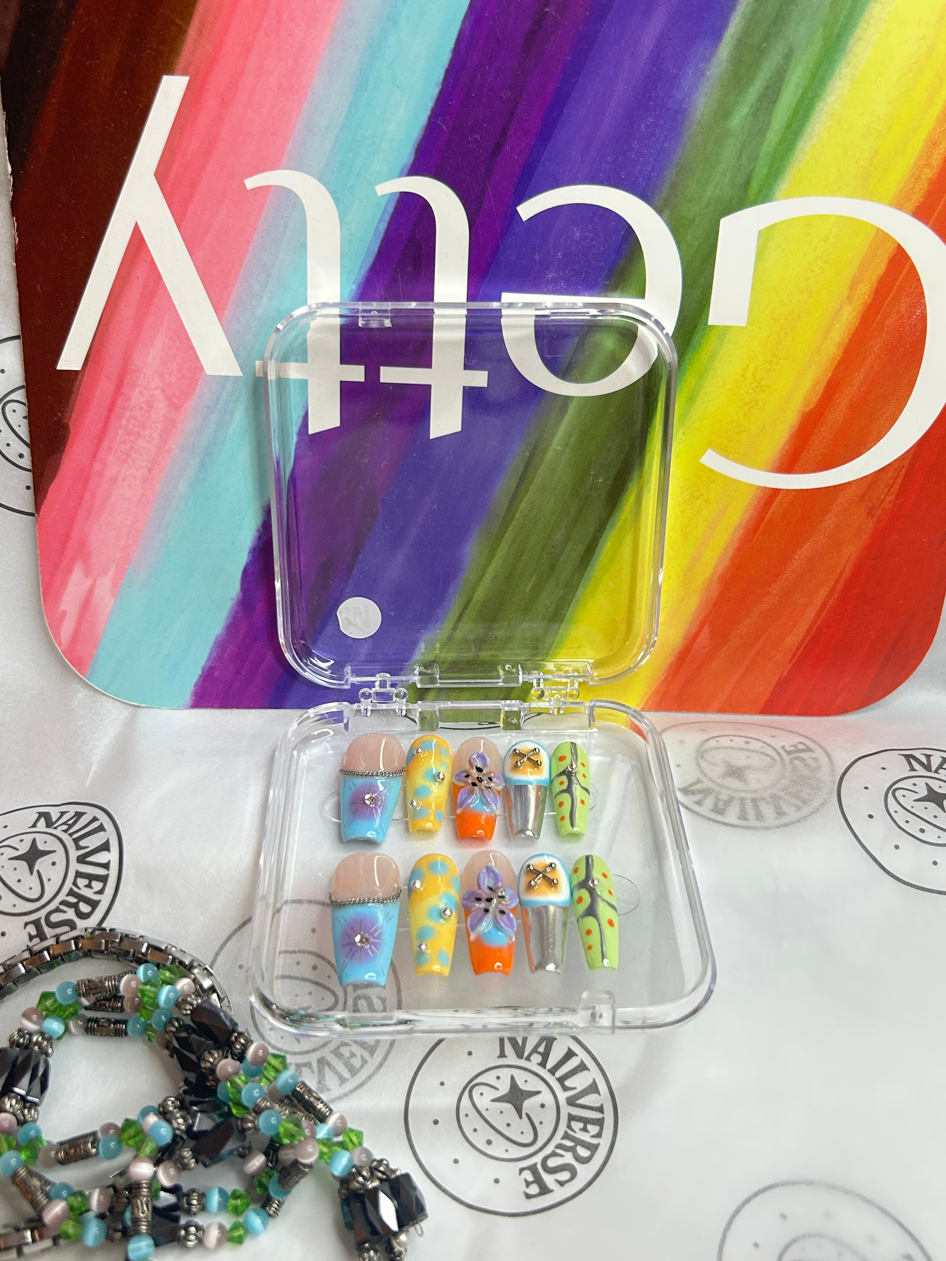 Colorful Rainbow Press-On Nails | Handmade Dopamine Nail Art | Glossy 3D Floral Set