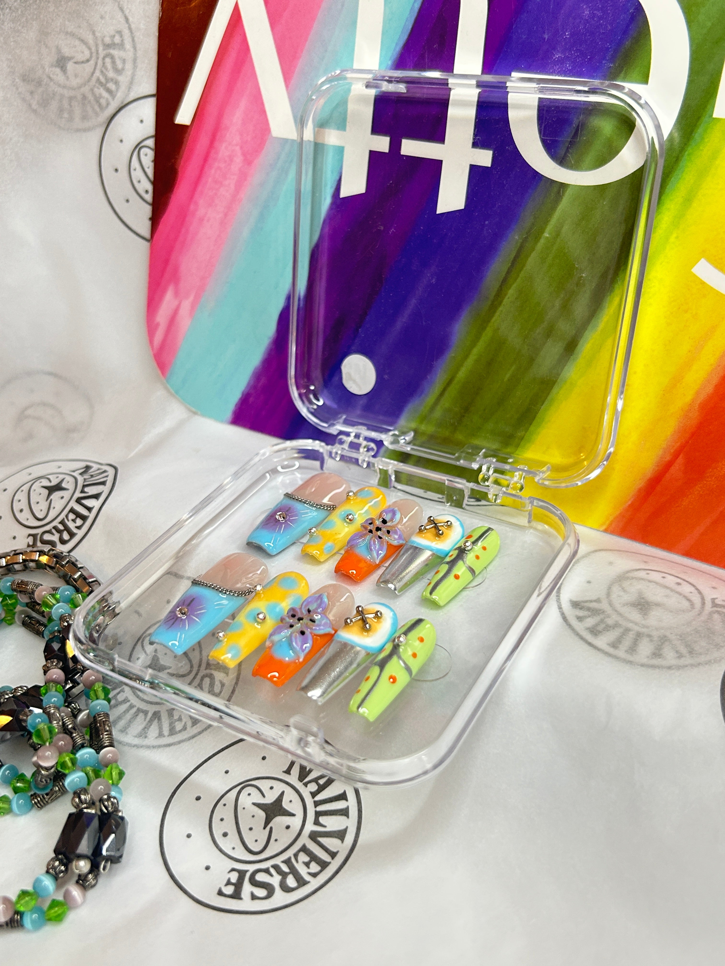 Colorful Rainbow Press-On Nails | Handmade Dopamine Nail Art | Glossy 3D Floral Set