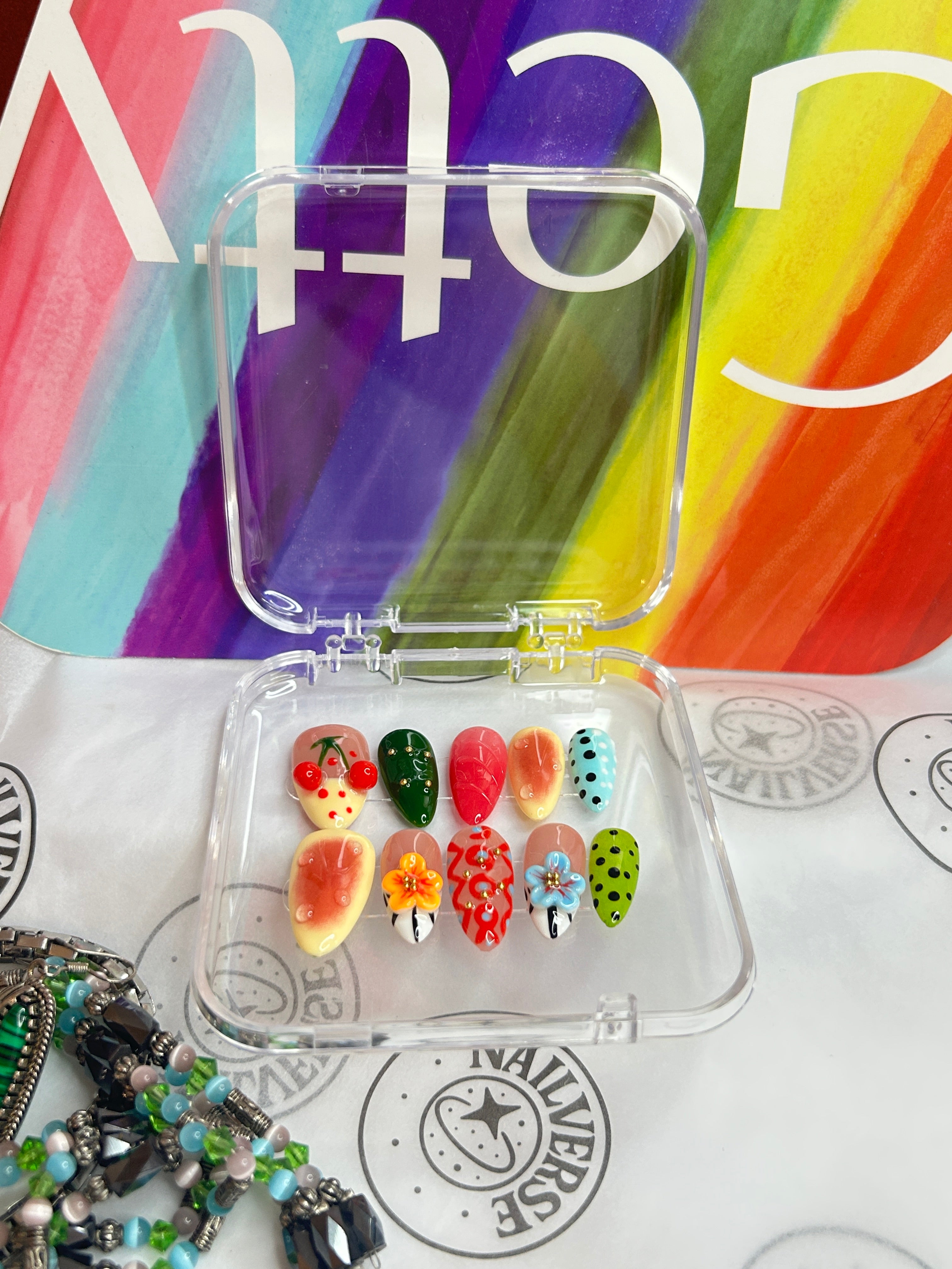 Colorful Fruit Press-On Nails | Handmade Dopamine Nail Art | 3D Floral & Cherry Design