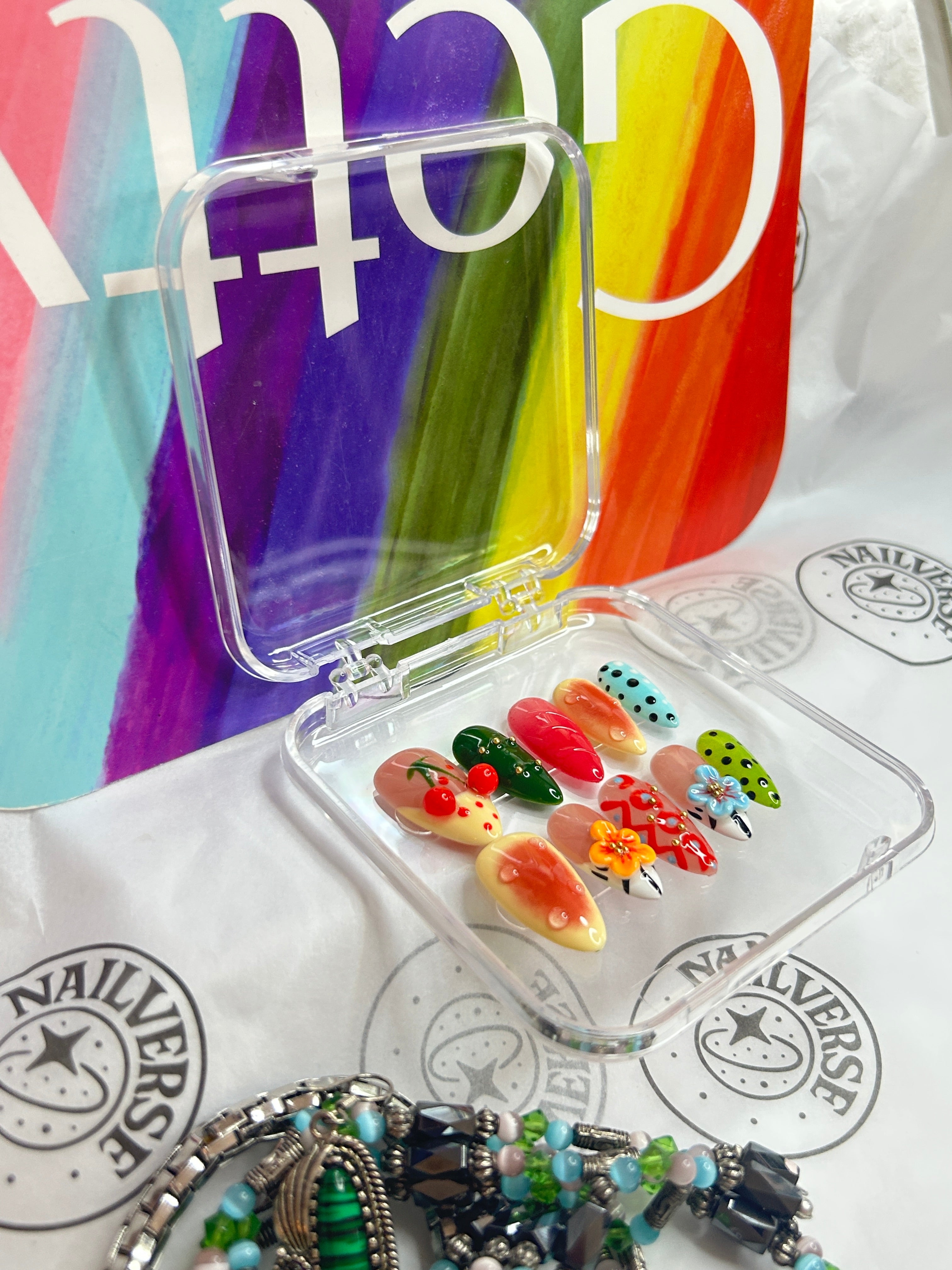 Colorful Fruit Press-On Nails | Handmade Dopamine Nail Art | 3D Floral & Cherry Design