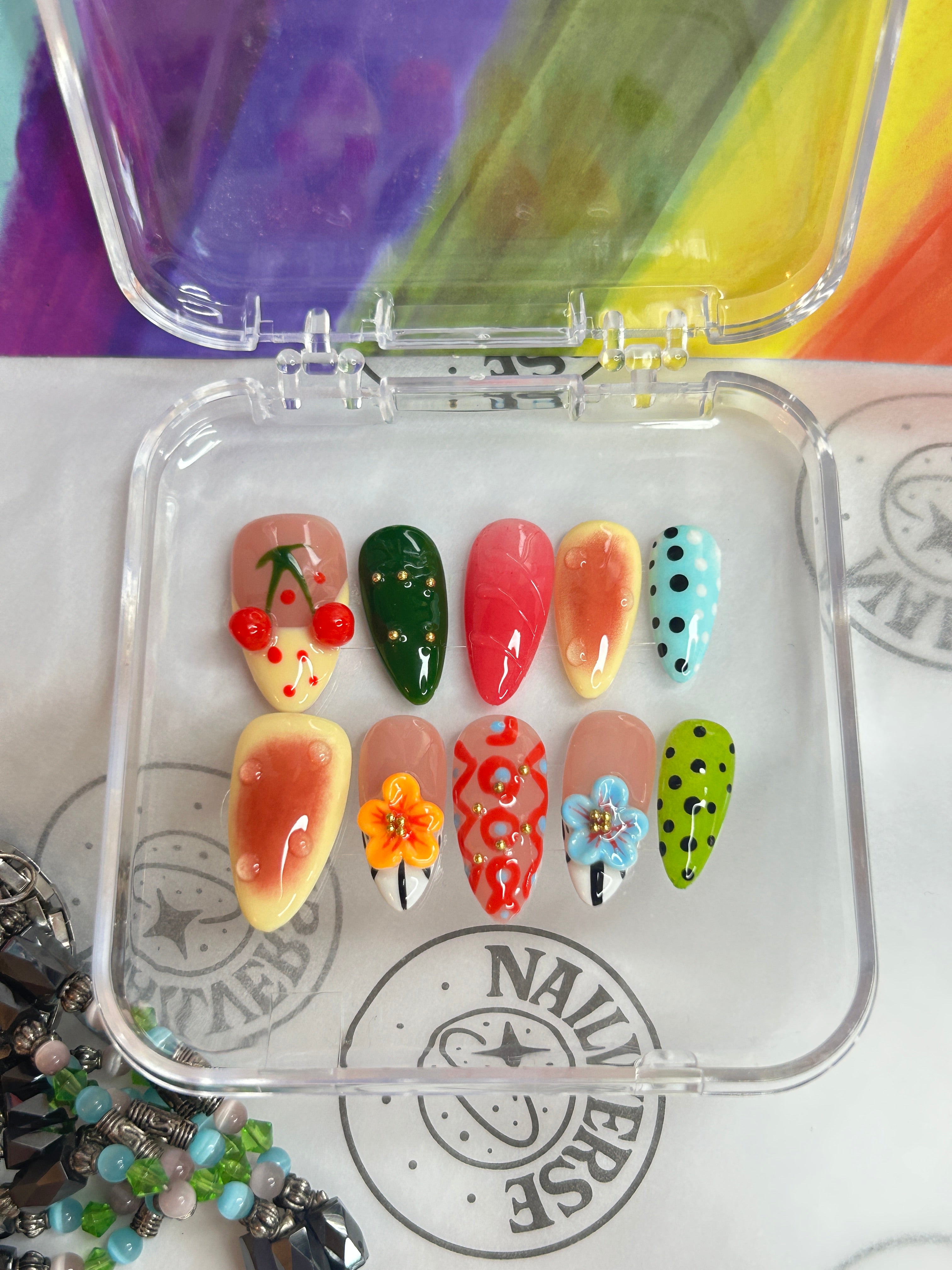 Colorful Fruit Press-On Nails | Handmade Dopamine Nail Art | 3D Floral & Cherry Design