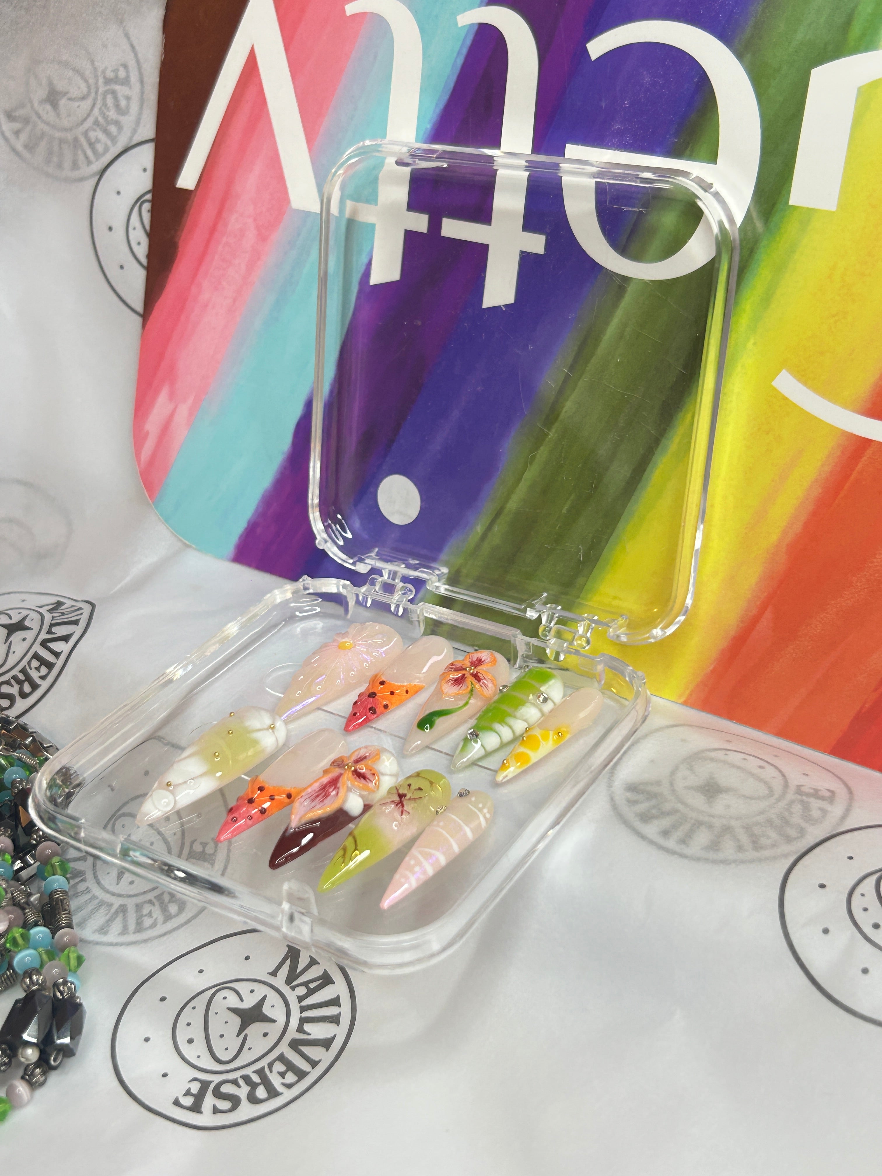 Handmade Fruit Press-On Nails | Watermelon & Citrus Design | Summer Pastel 3D Floral Nails