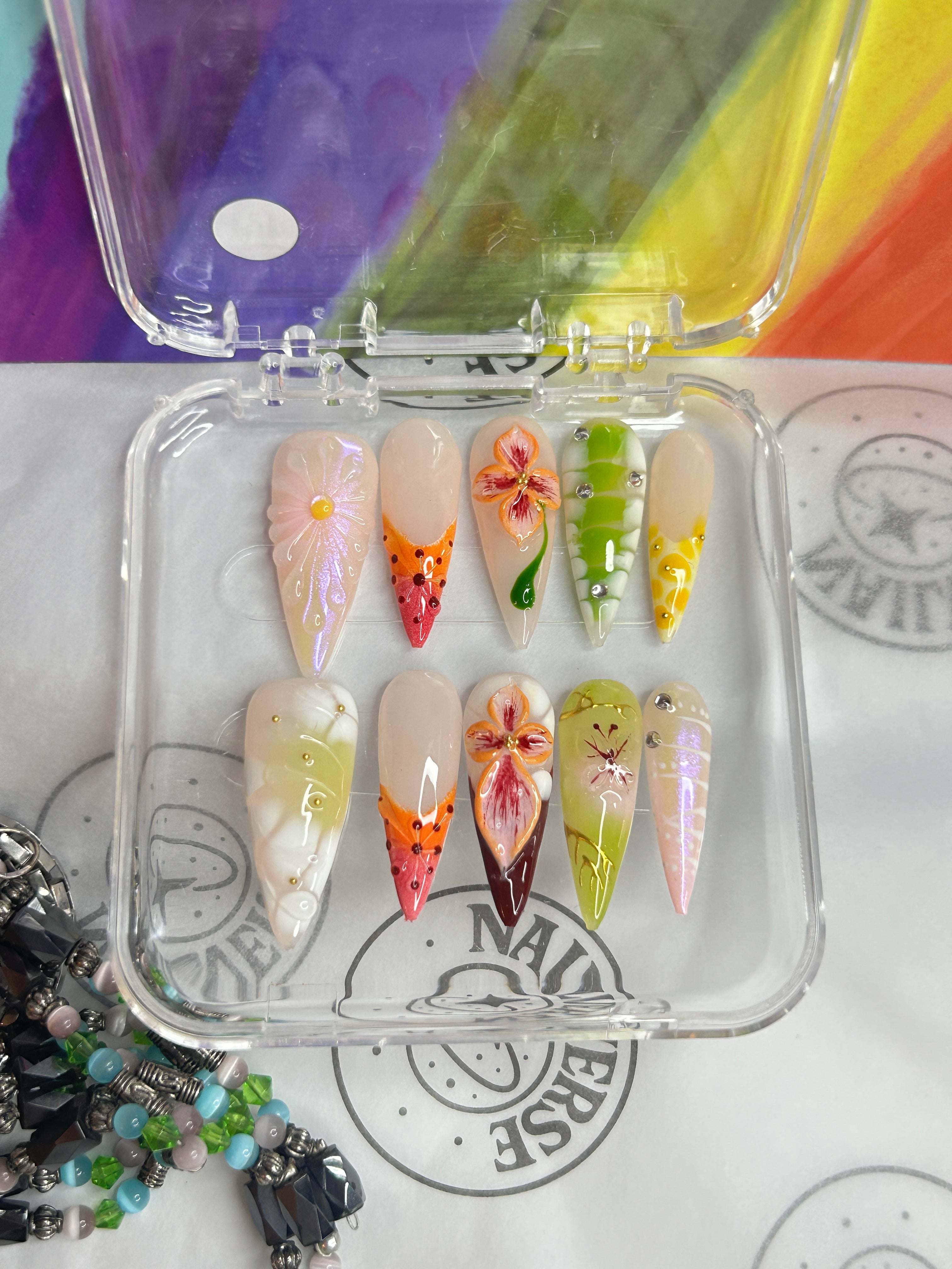 Handmade Fruit Press-On Nails | Watermelon & Citrus Design | Summer Pastel 3D Floral Nails