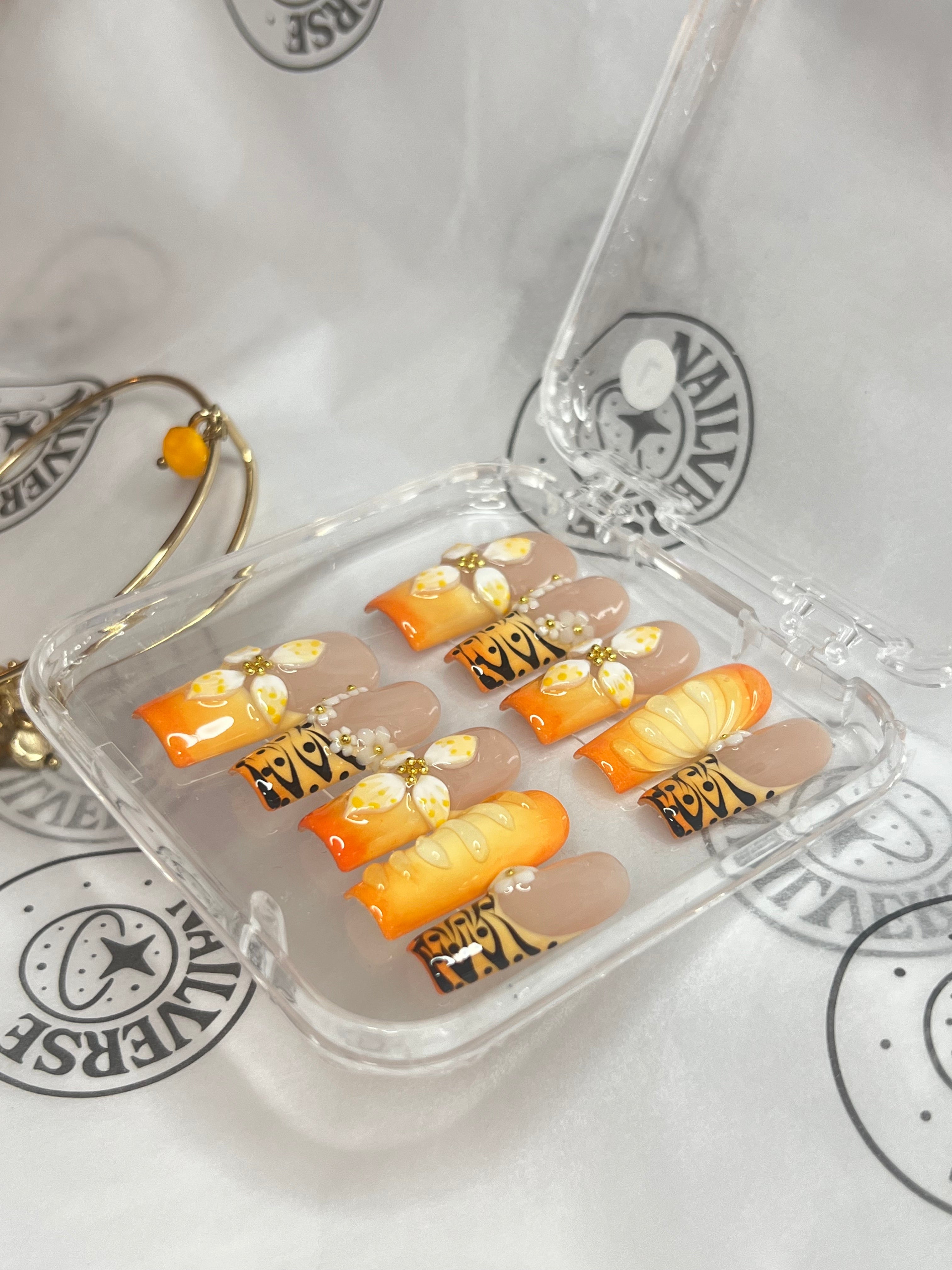 Golden Citrus Bloom – Handmade Orange Floral Press-On Nails