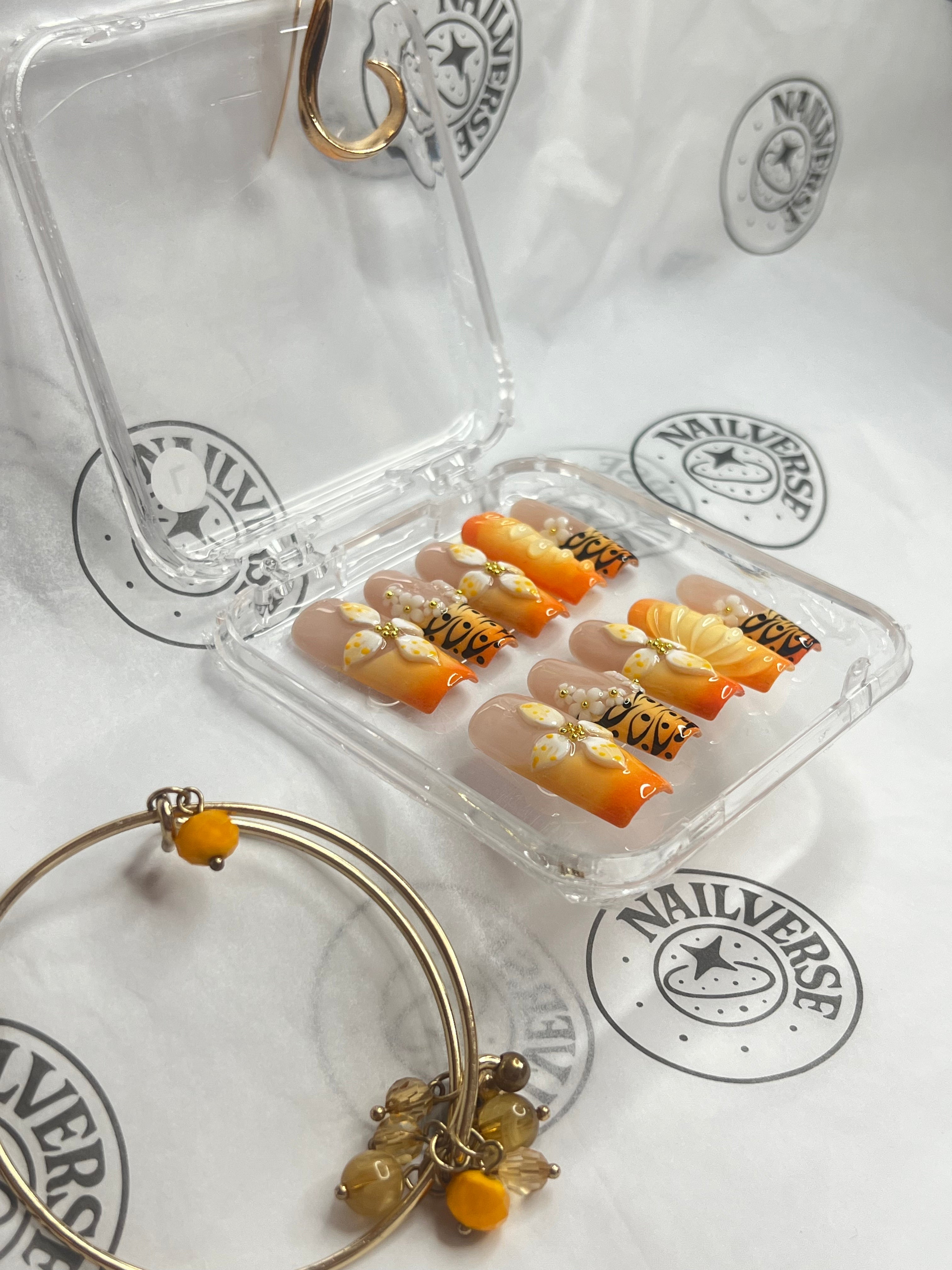 Golden Citrus Bloom – Handmade Orange Floral Press-On Nails