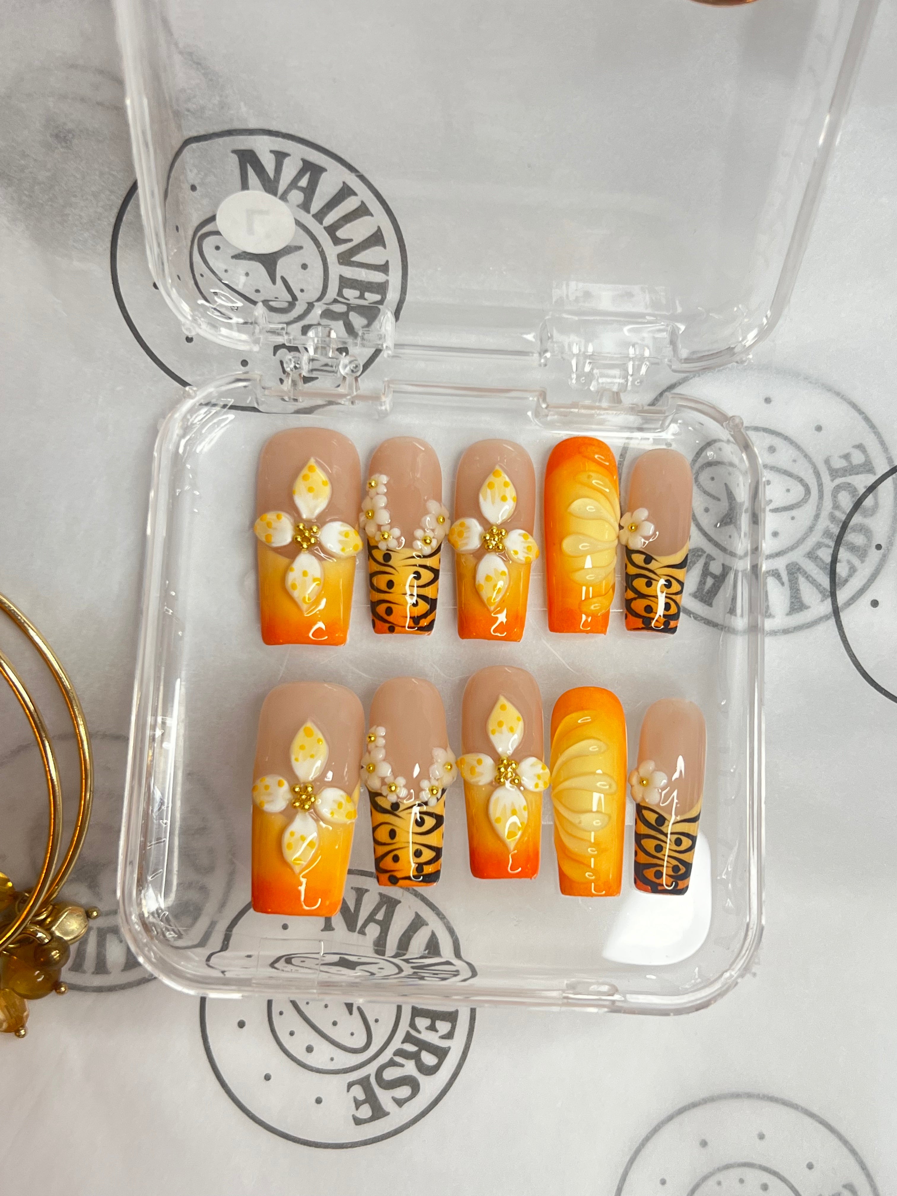 Golden Citrus Bloom – Handmade Orange Floral Press-On Nails