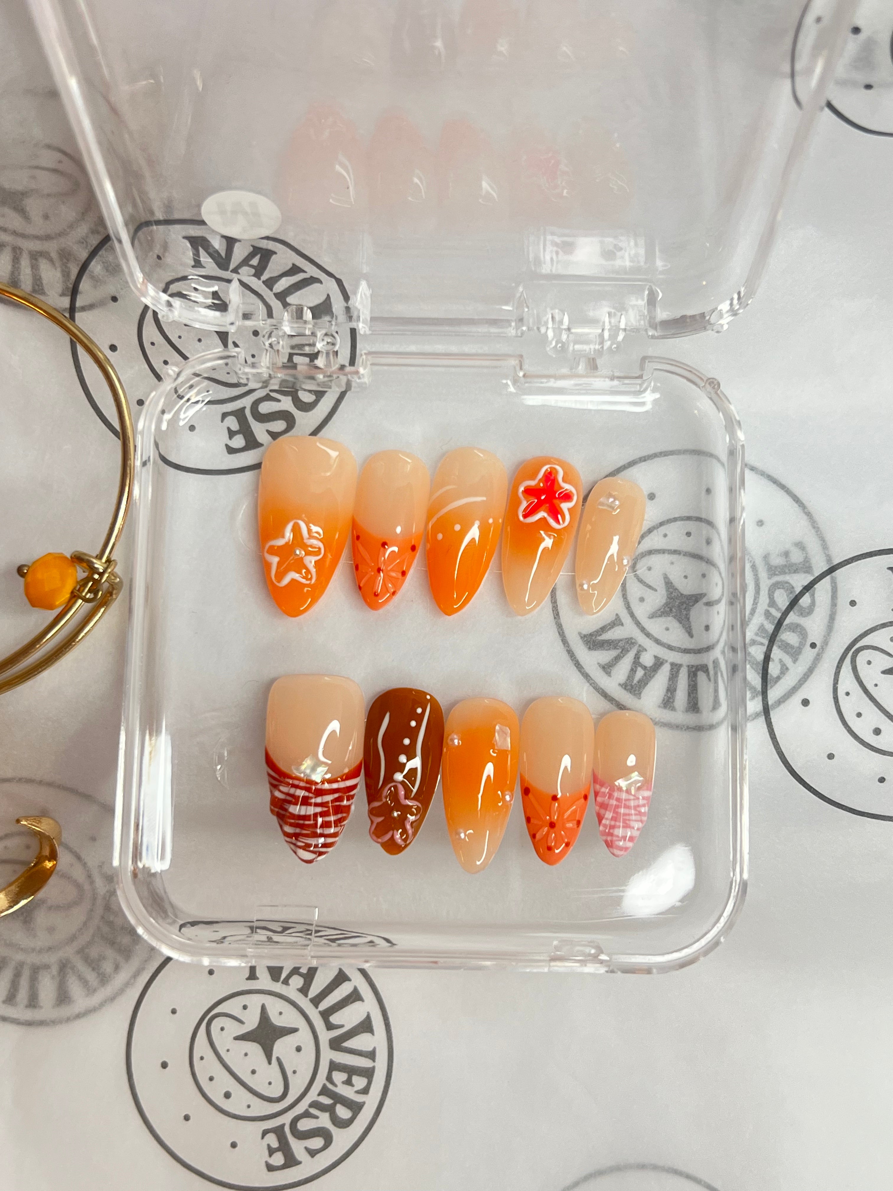 Citrus Star Glow – Handmade Orange Gradient Press-On Nails
