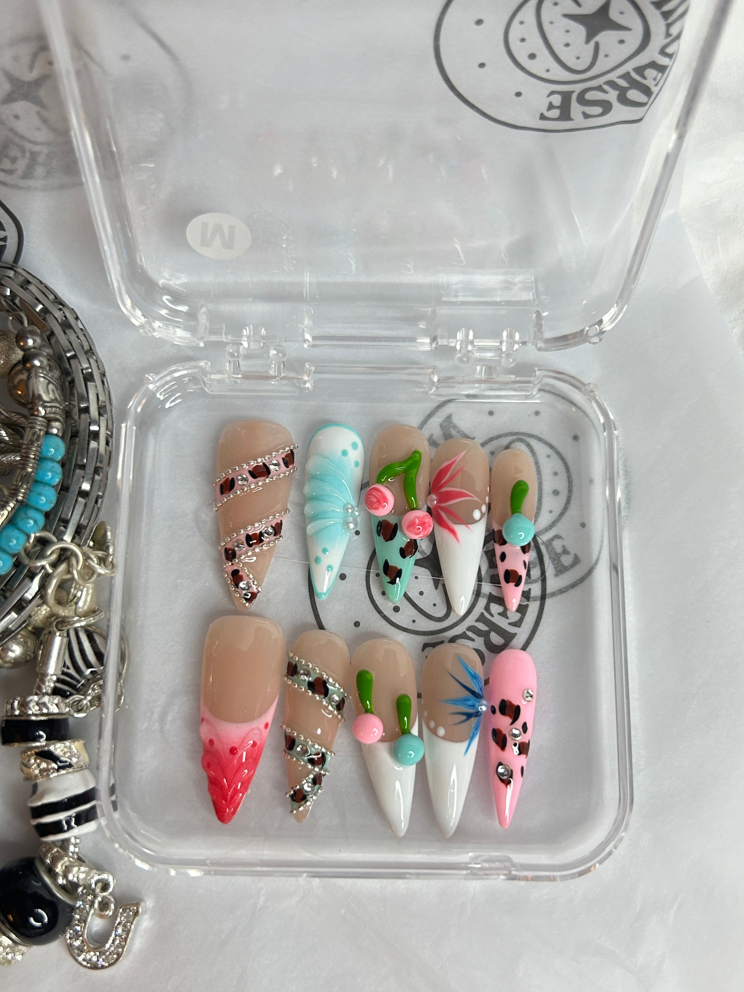 Candy Garden Mix – Nude Floral Leopard Almond Press-On Nails