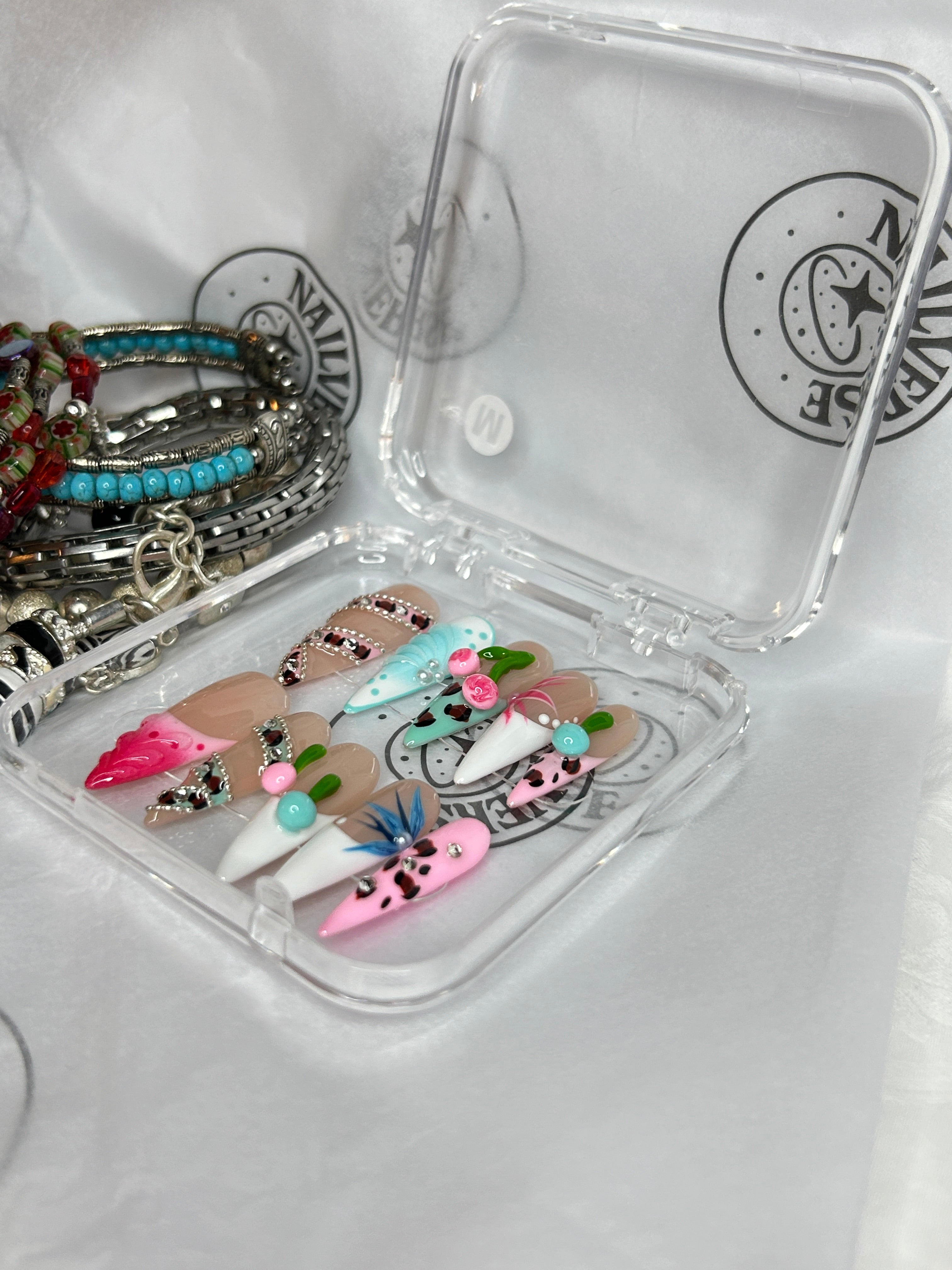 Candy Garden Mix – Nude Floral Leopard Almond Press-On Nails