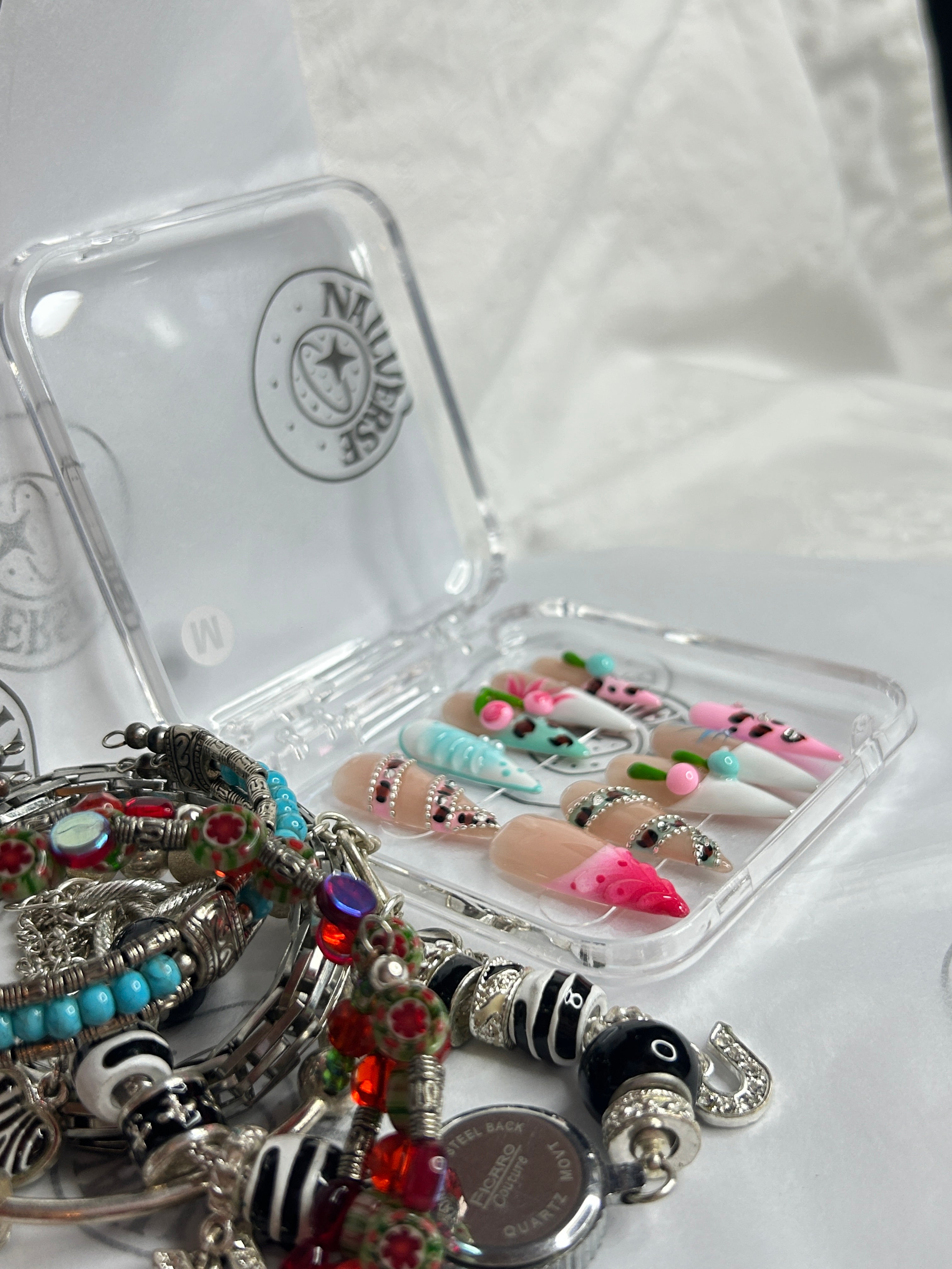 Candy Garden Mix – Nude Floral Leopard Almond Press-On Nails