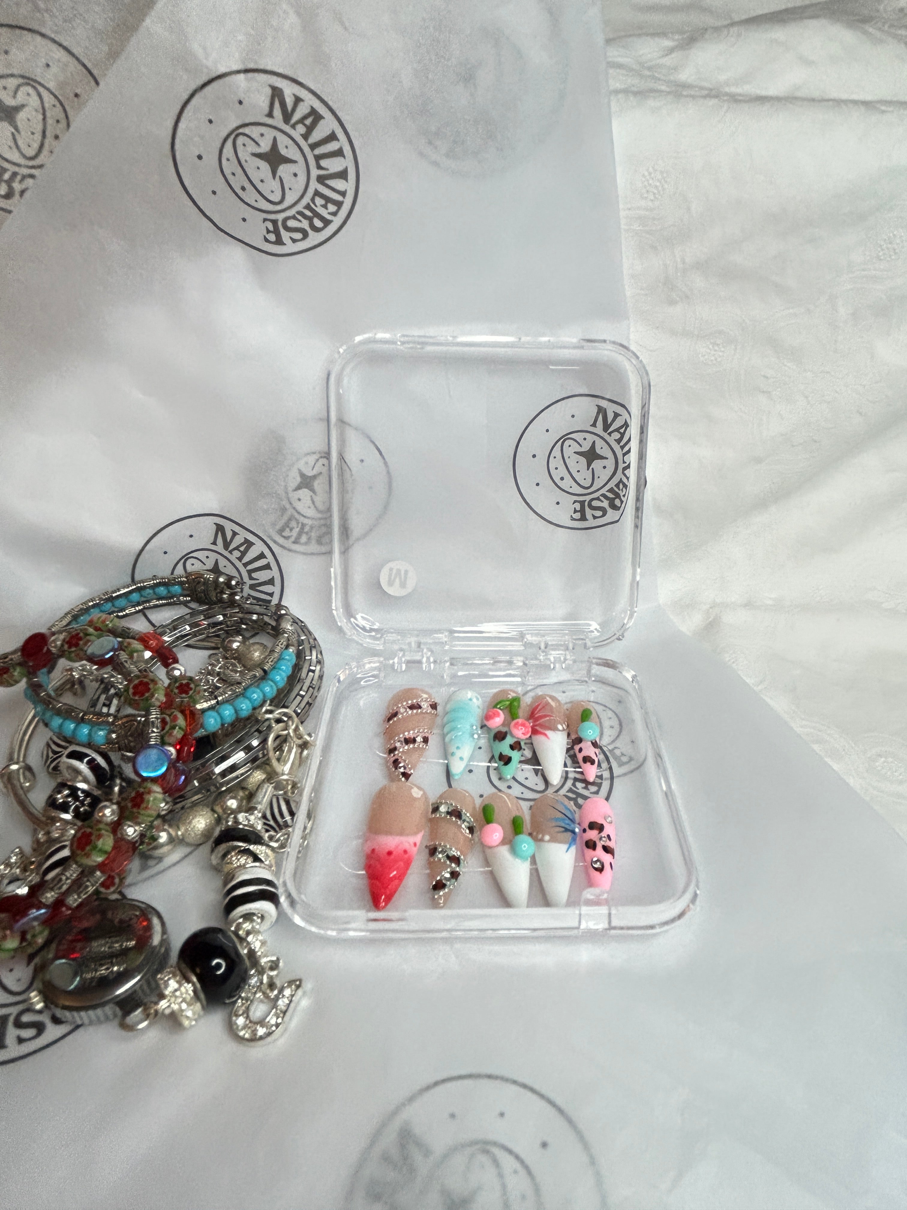 Candy Garden Mix – Nude Floral Leopard Almond Press-On Nails